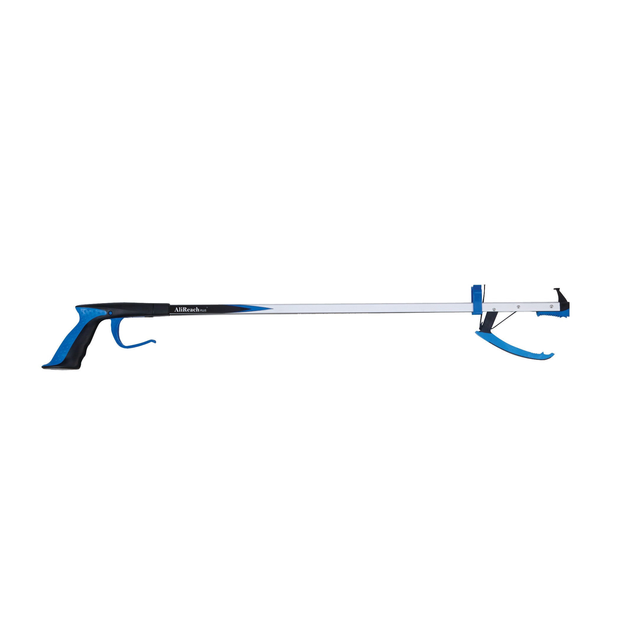 The AliMed AliReach Plus Reacher is a long blue and black tool with a trigger handle and a gripping end for picking up objects.