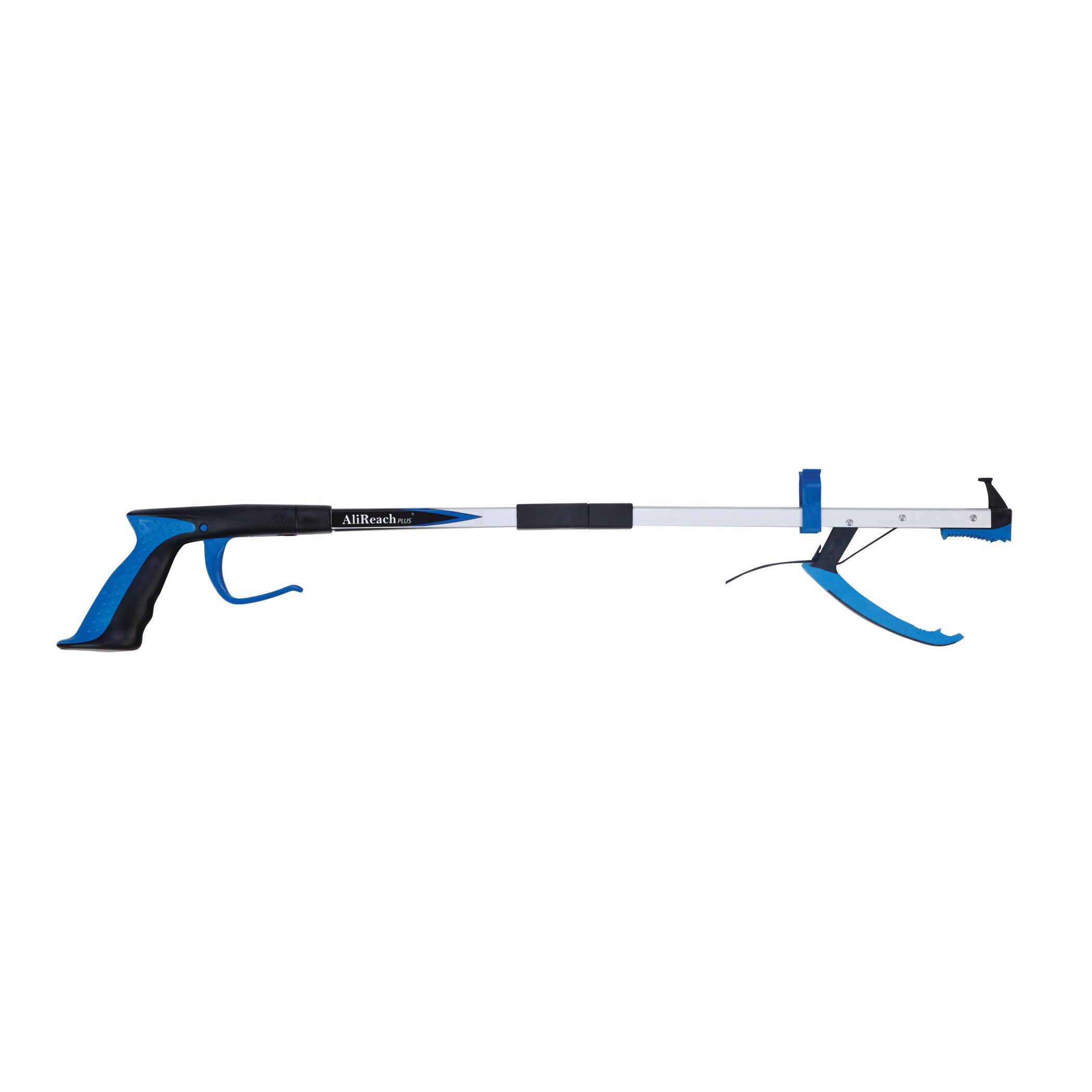 The AliMed AliReach Plus Folding Standard Reacher is a blue and black grabber tool with a trigger handle and folding mechanism.