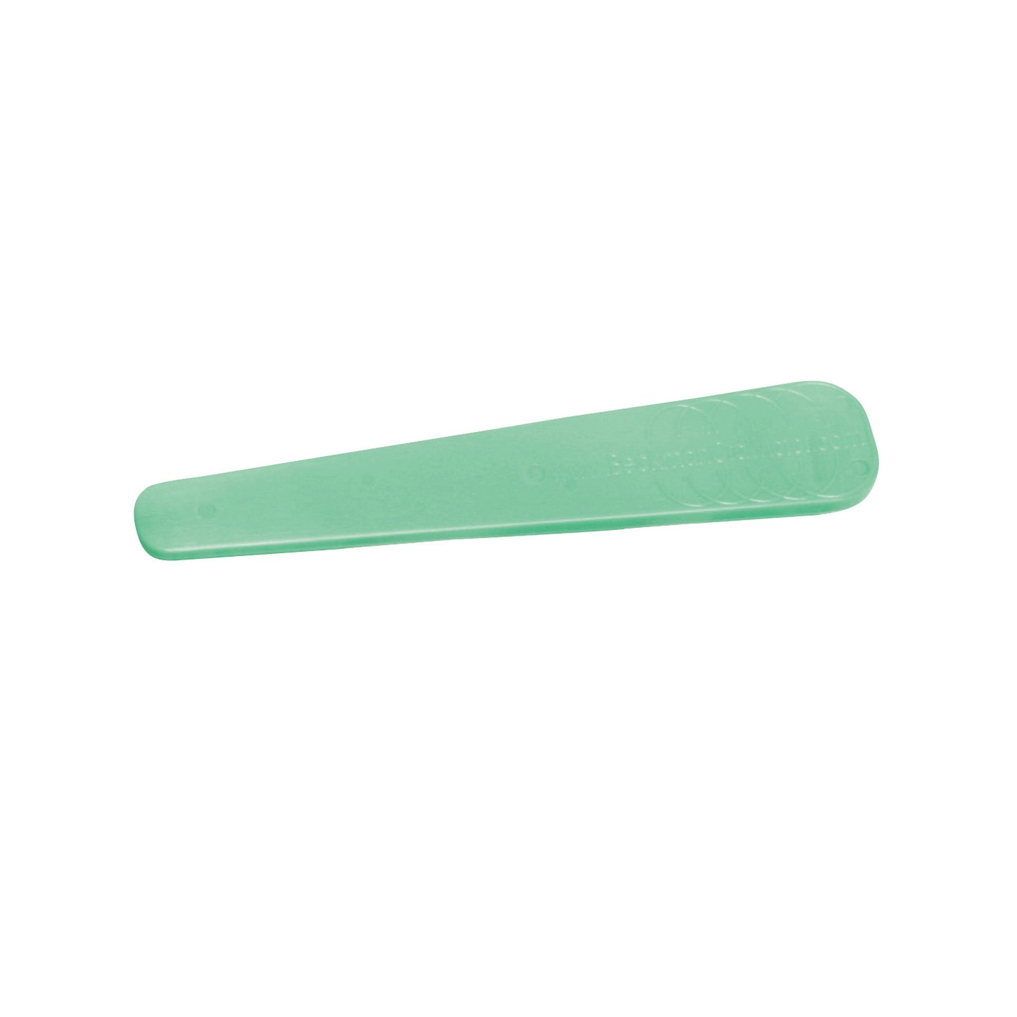 A green Beckman E-Z Spoon with a flat, tapered design used for oral motor therapy and feeding assistance.