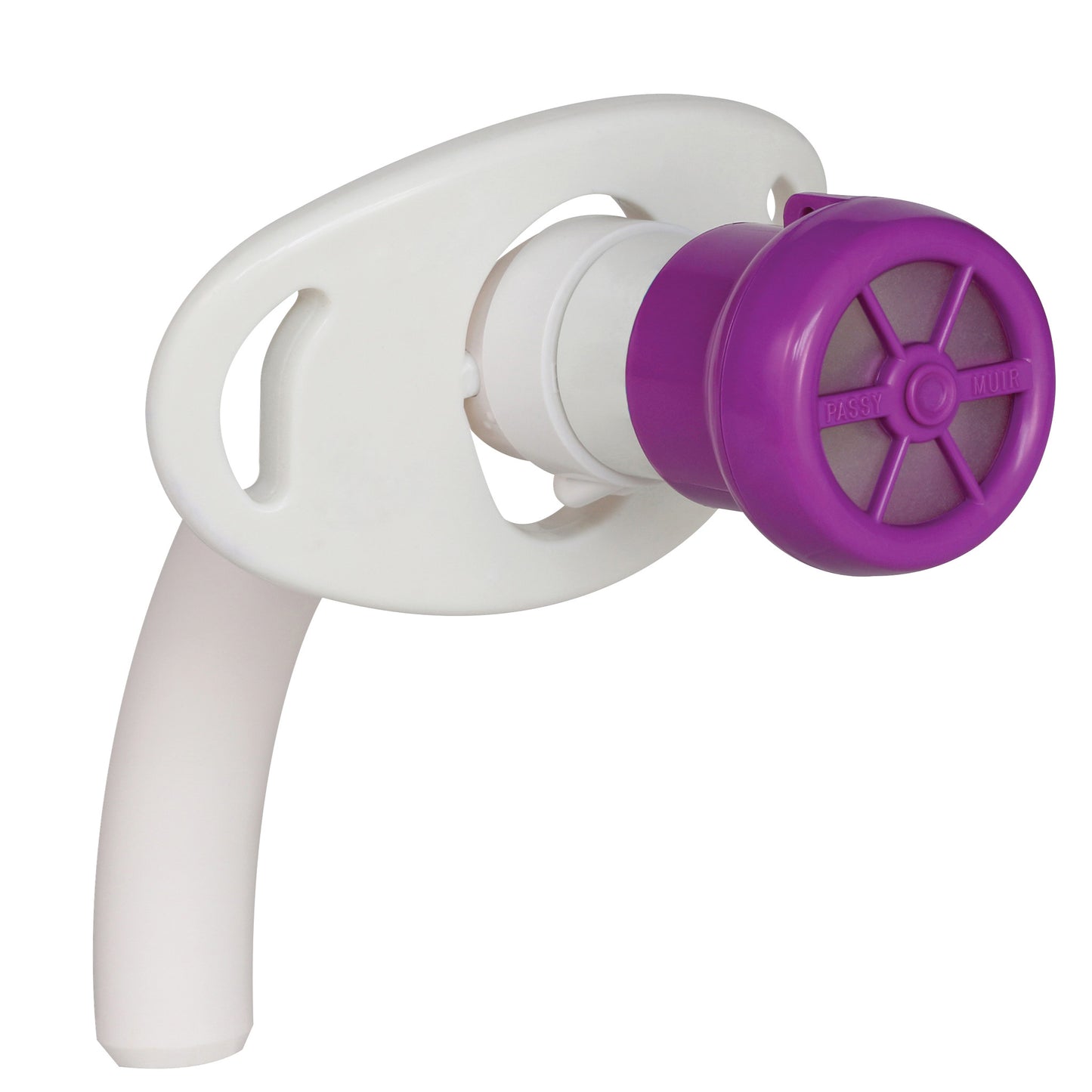 Passy Muir Tracheostomy and Ventilator Speaking Valve with a white base and purple cap, designed to assist patients with speech.