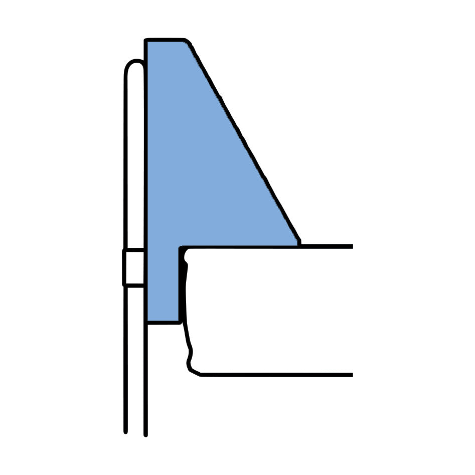 Illustration of the AliMed Upholstered Foam Bed Bolster in blue, showing its side view and attachment to a bed.