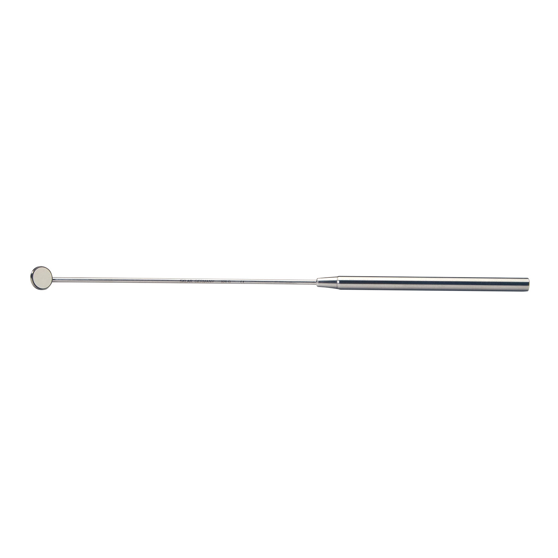 A Laryngeal Mirror with a long, slender handle and a small circular mirror at the end, used for throat examinations.