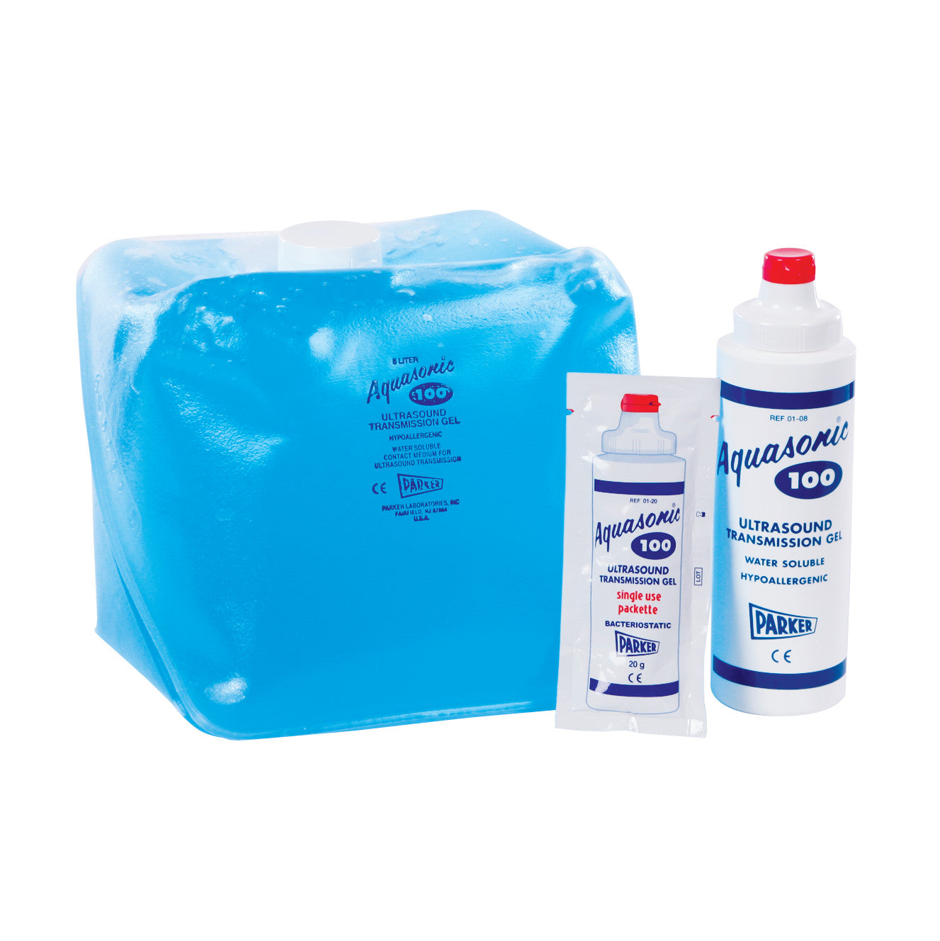 Parker Labs Aquasonic 100 Transmission Gel in a blue container, a white bottle, and a single-use packet with red accents.