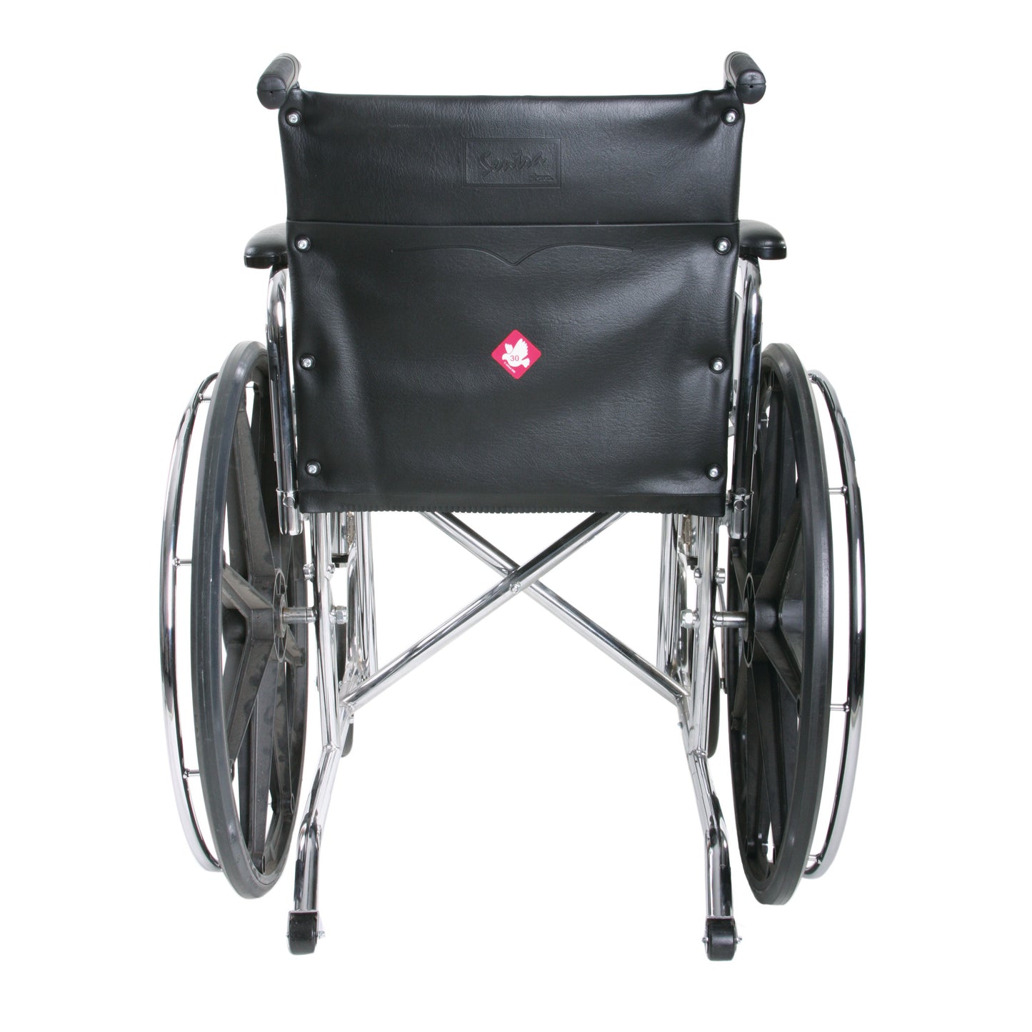 A wheelchair viewed from the rear, featuring an AliMed Standardized Equipment Weight Capacity Label on the black backrest.