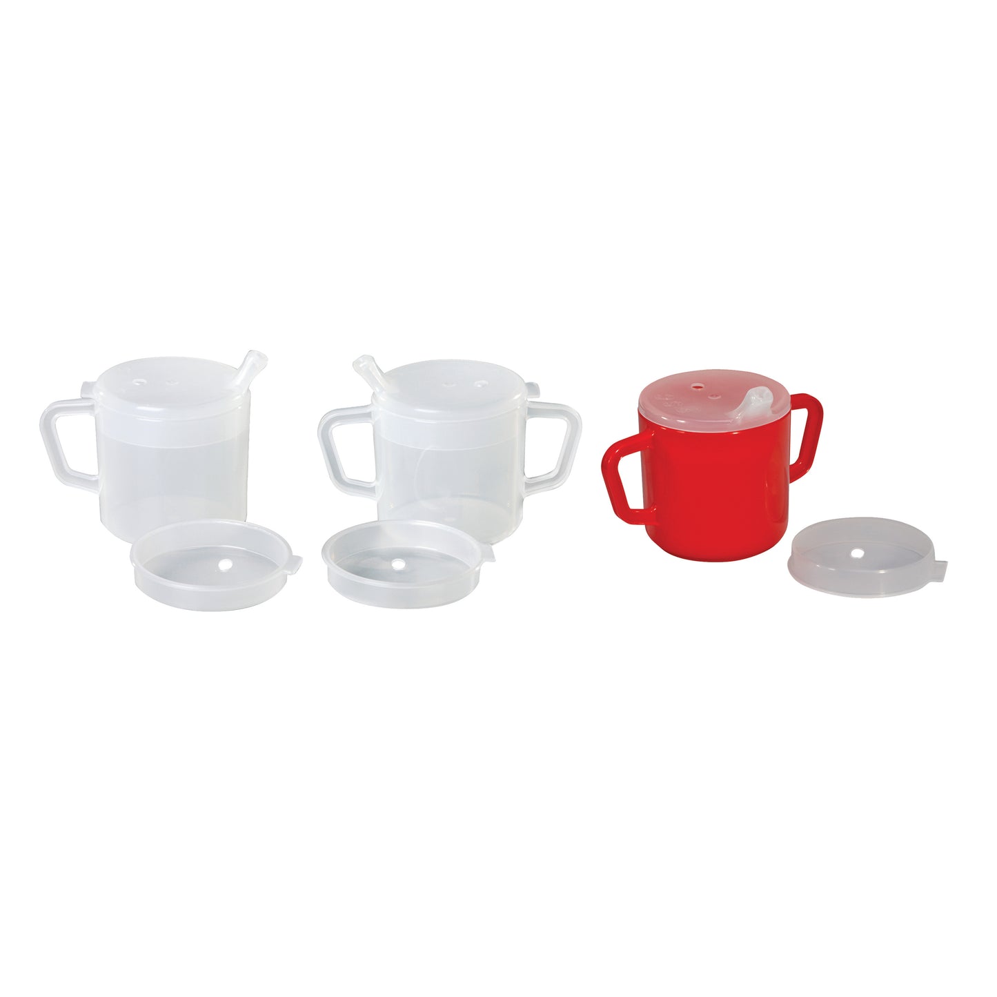 Three adaptive mugs, two clear and one red, with spout lids, including the Clear One-Handled Adaptive Mug with Lid.