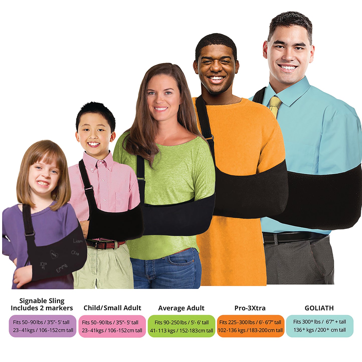 Five people of different sizes wear Brownmed Joslin Ultimate Arm Slings, showcasing size options from child to GOLIATH for various weights and heights.