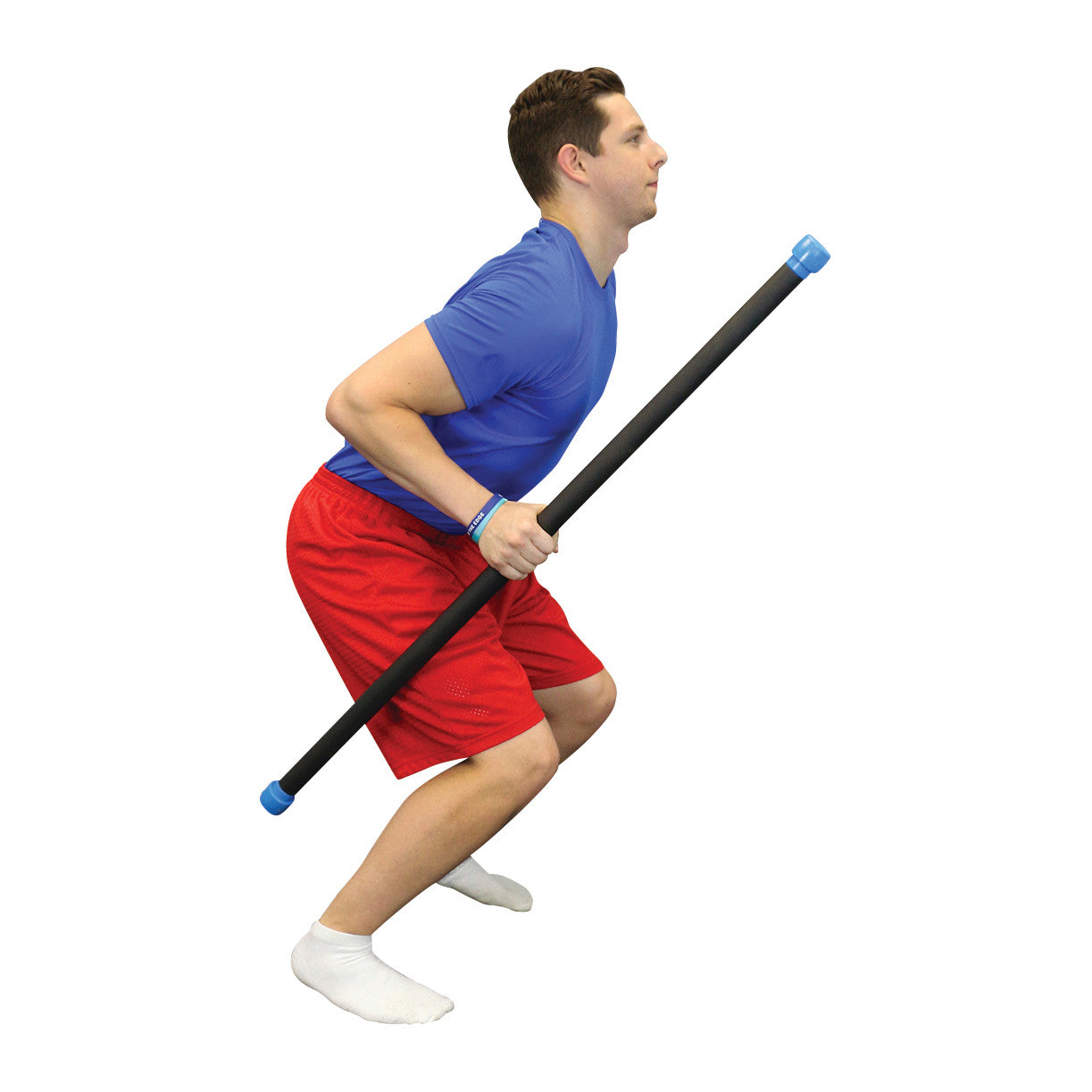 A person exercises with a CanDo WaTE Bar, performing a squat. They wear a blue shirt, red shorts, and white socks.