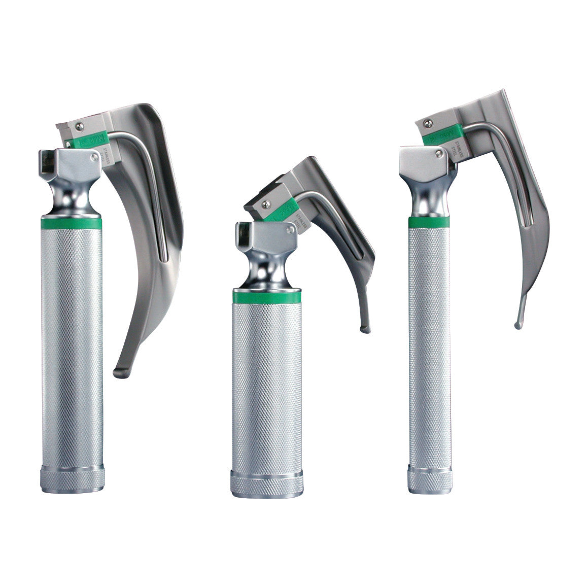 Three Satin Fiber Optic Laryngoscope Battery Handles with different curved blades, featuring metal grips and a sleek design.