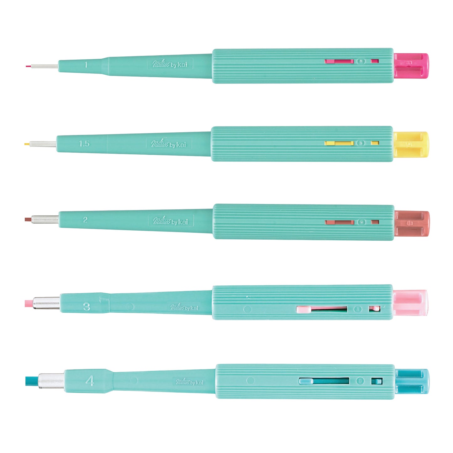 Five turquoise Miltex Disposable Biopsy Punch with Plunger System tools in sizes 1, 1.5, 2, 3, and 4, each with different colored ends.