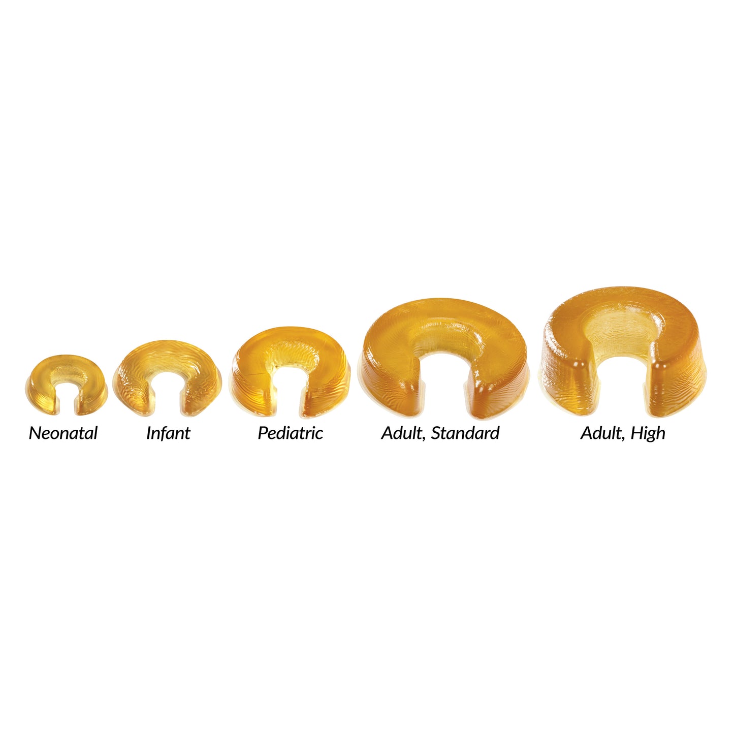 Five AliMed AliGel Horseshoe Donut cushions in different sizes: Neonatal, Infant, Pediatric, Adult Standard, and Adult High.