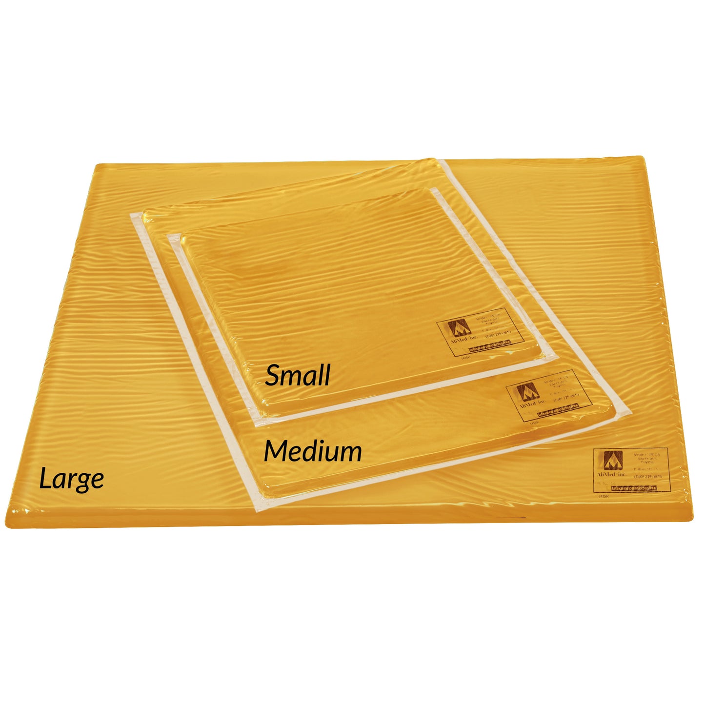 Three AliMed AliGel Knee Crutch Pads in small, medium, and large sizes, each pad covered with an orange protective layer.