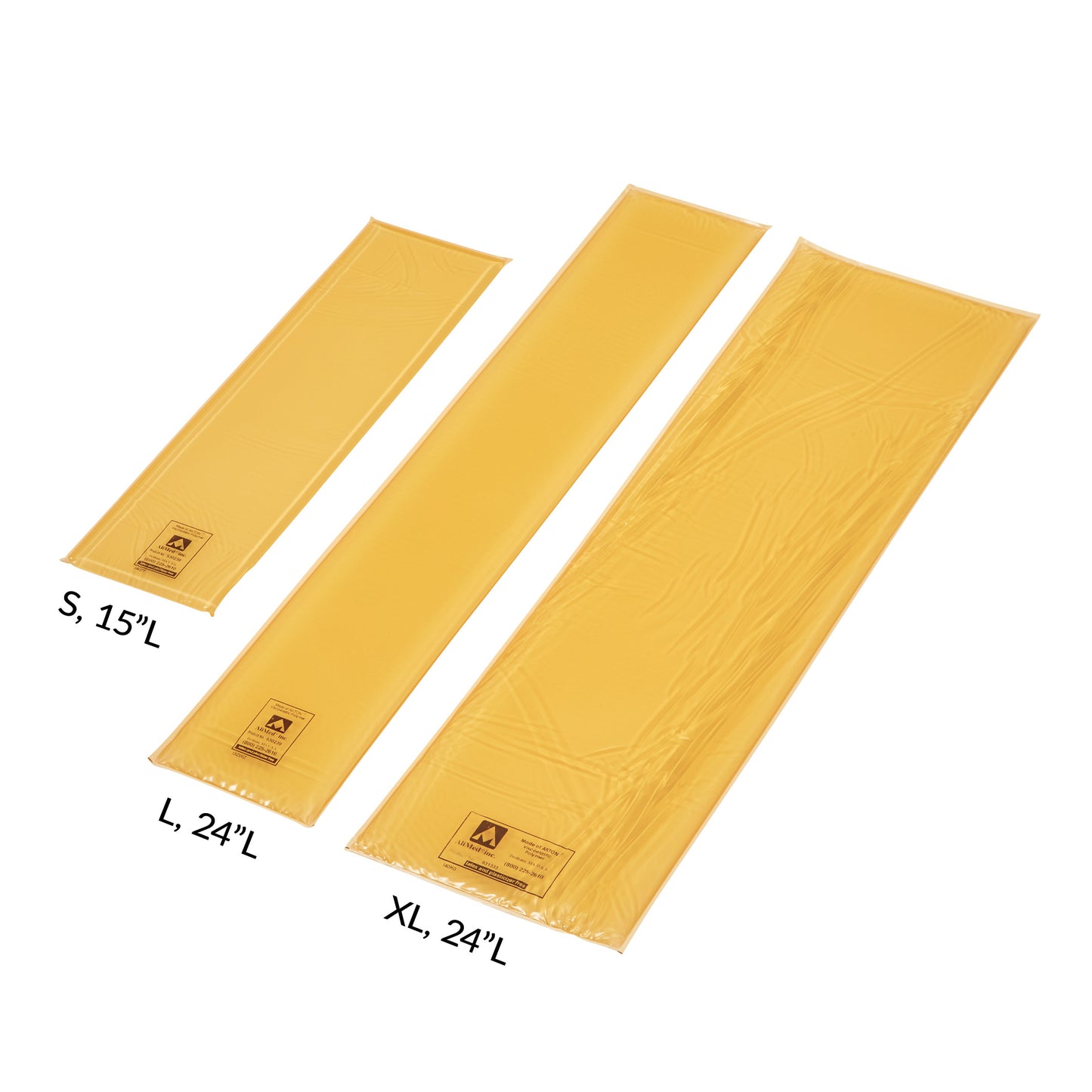 Three AliMed AliGel Standard Armboard Pads in small, large, and extra-large sizes, with lengths of 15" and 24".