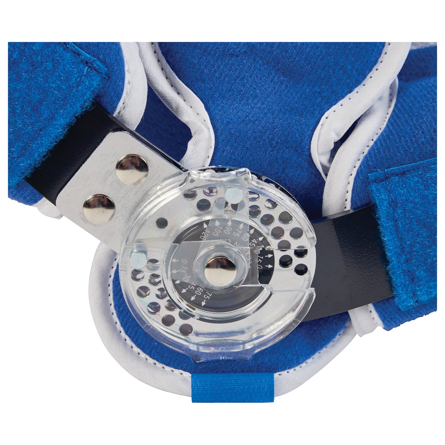 The AliMed Easy-On Elbow Brace features an adjustable, clear dial hinge on a blue and white padded fabric with metal fasteners.