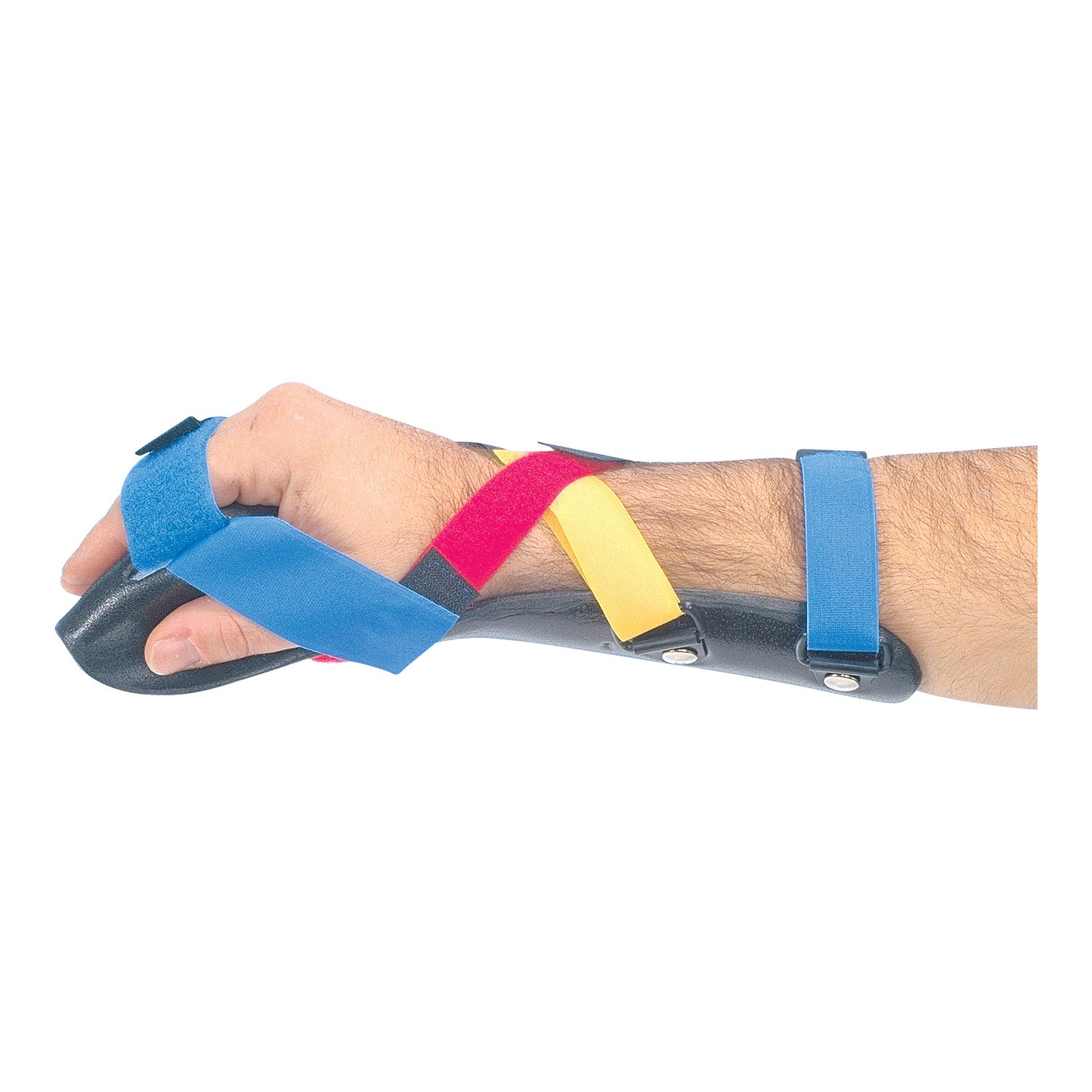 A hand wearing an AliMed AliLite Functional-Position Hand Splint with blue, red, and yellow straps supporting the wrist and fingers.