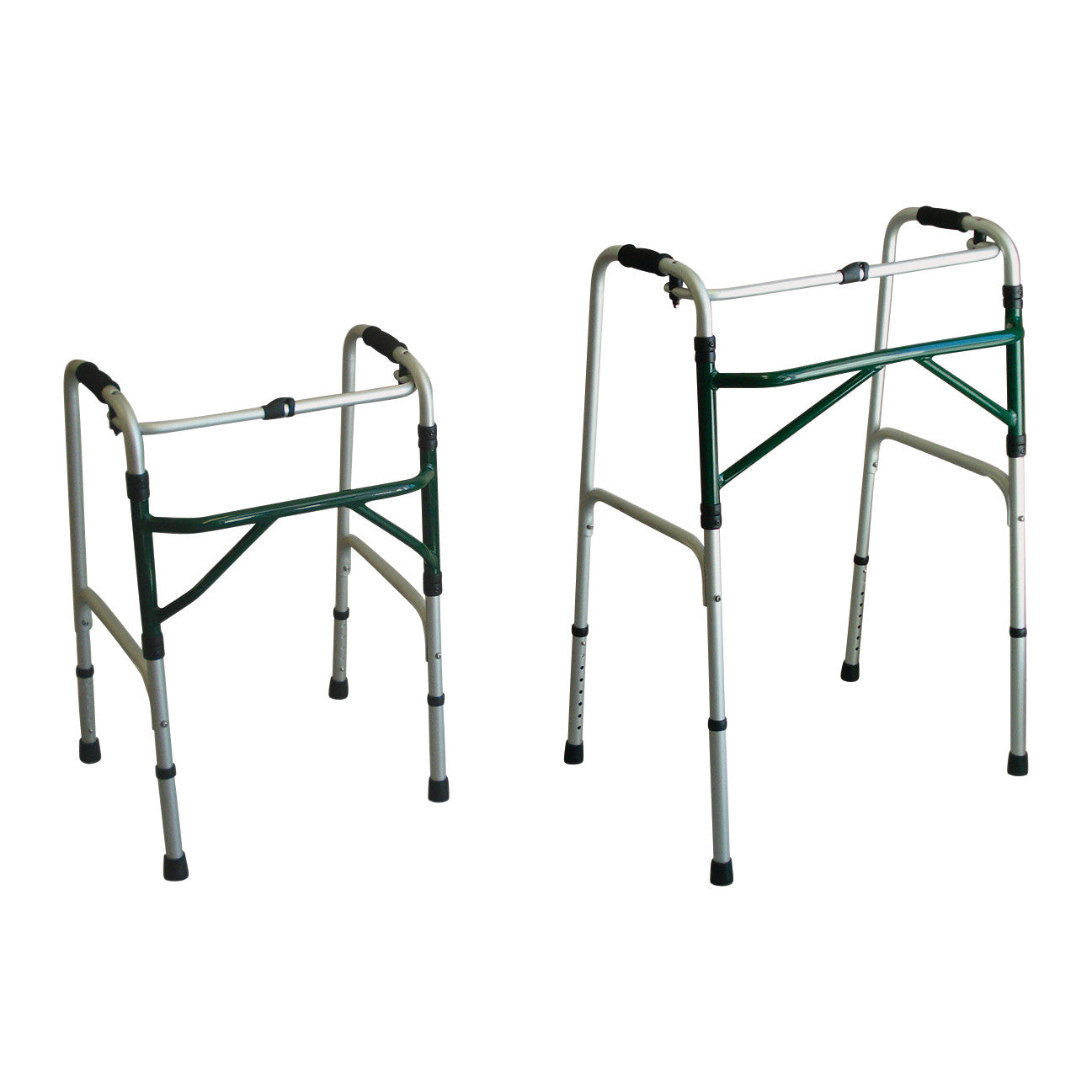 Two Folding Adjustable-Height Walkers with metal frames and green accents, featuring black hand grips and rubber-tipped legs.