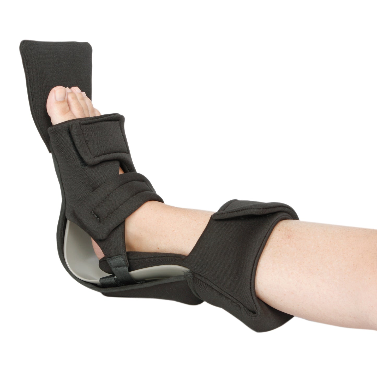 A leg wearing the AliMed MultiBoot Xtra Contracture Boot to support and stabilize the foot and ankle with adjustable straps.