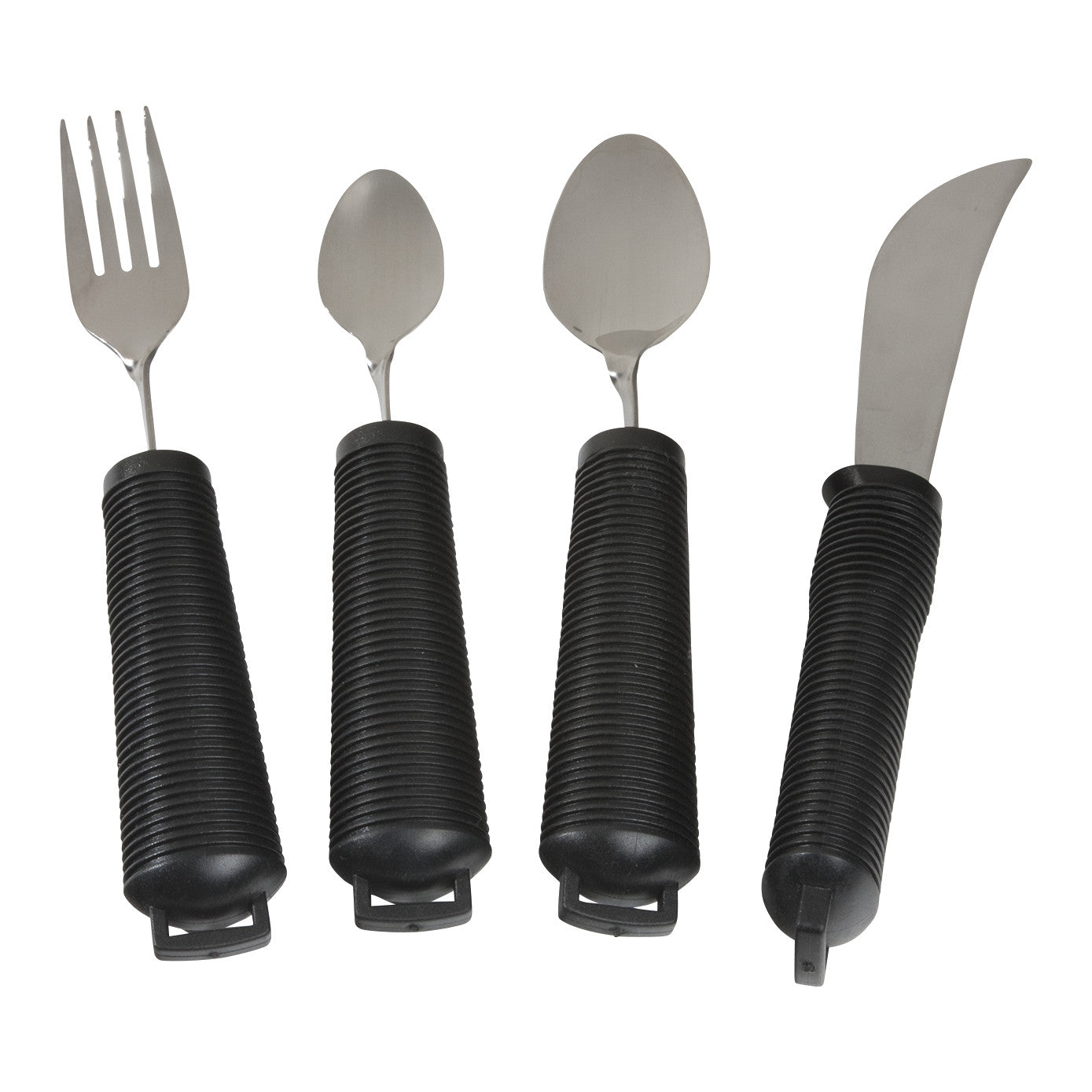 AliMed Grip Utensils include a fork, two spoons, and a knife, each with large black ribbed handles for easy gripping.