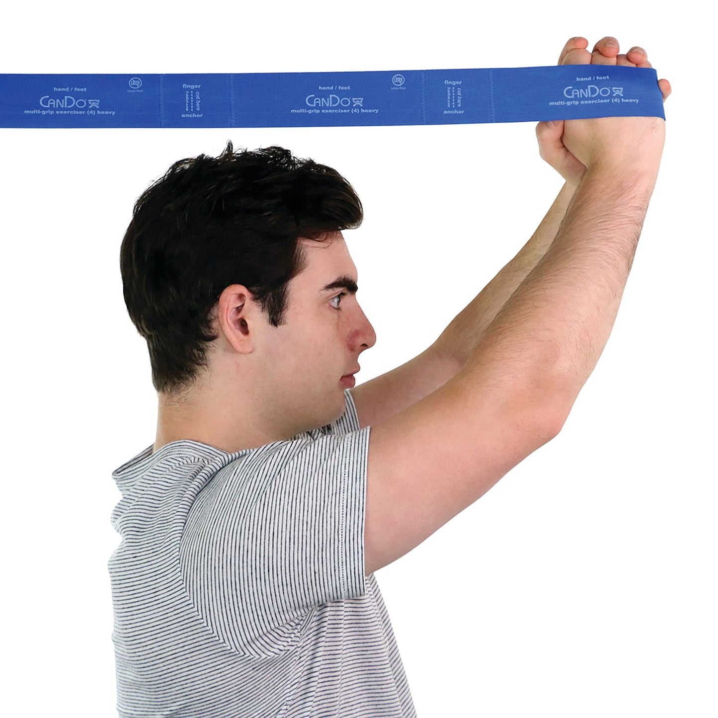 A person uses the CanDo Multi-Grip Exerciser, a blue resistance band, holding it above their head.