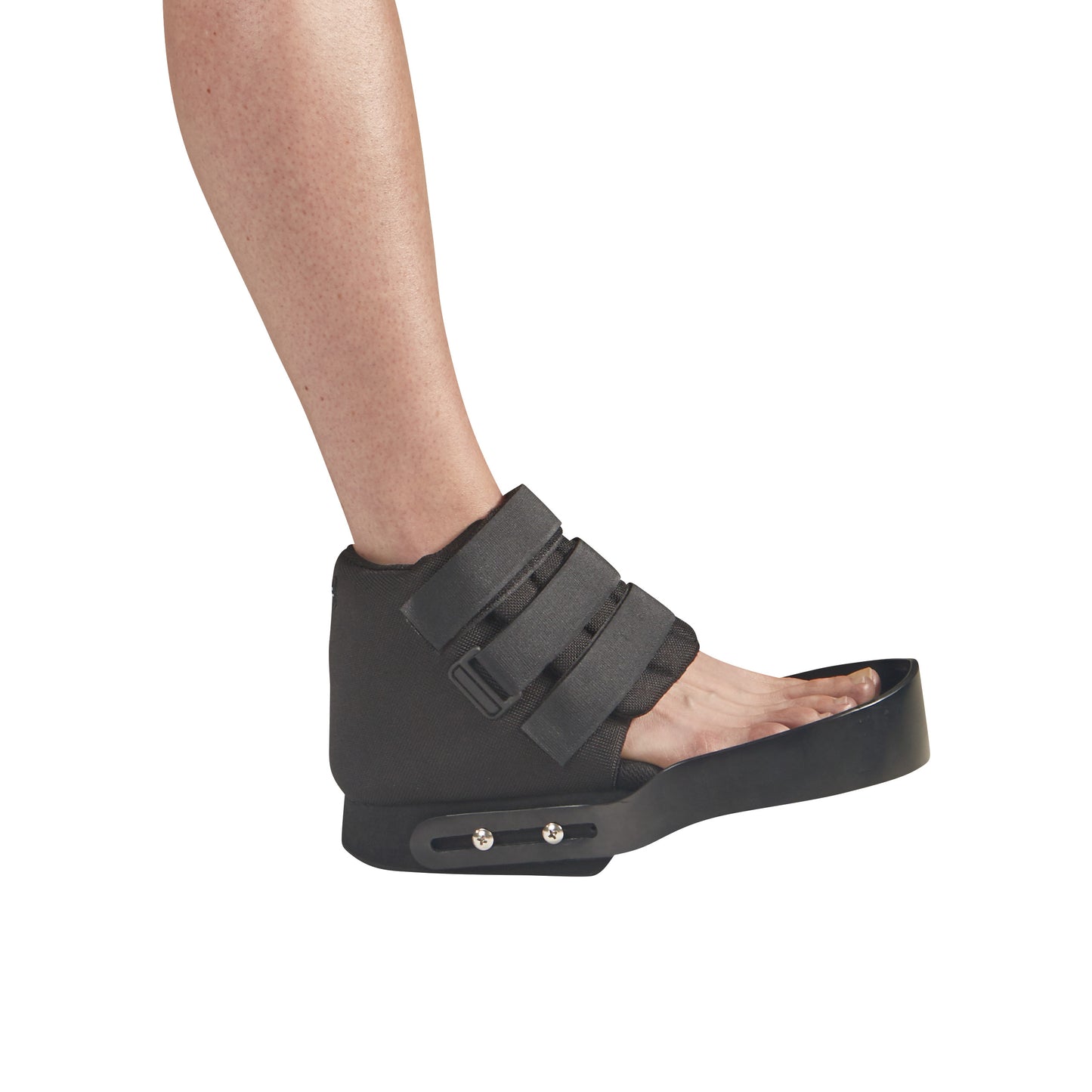 A foot wearing an AliMed Open Forefoot Orthosis with black straps and an open toe design, showing the device's structure and ankle support.