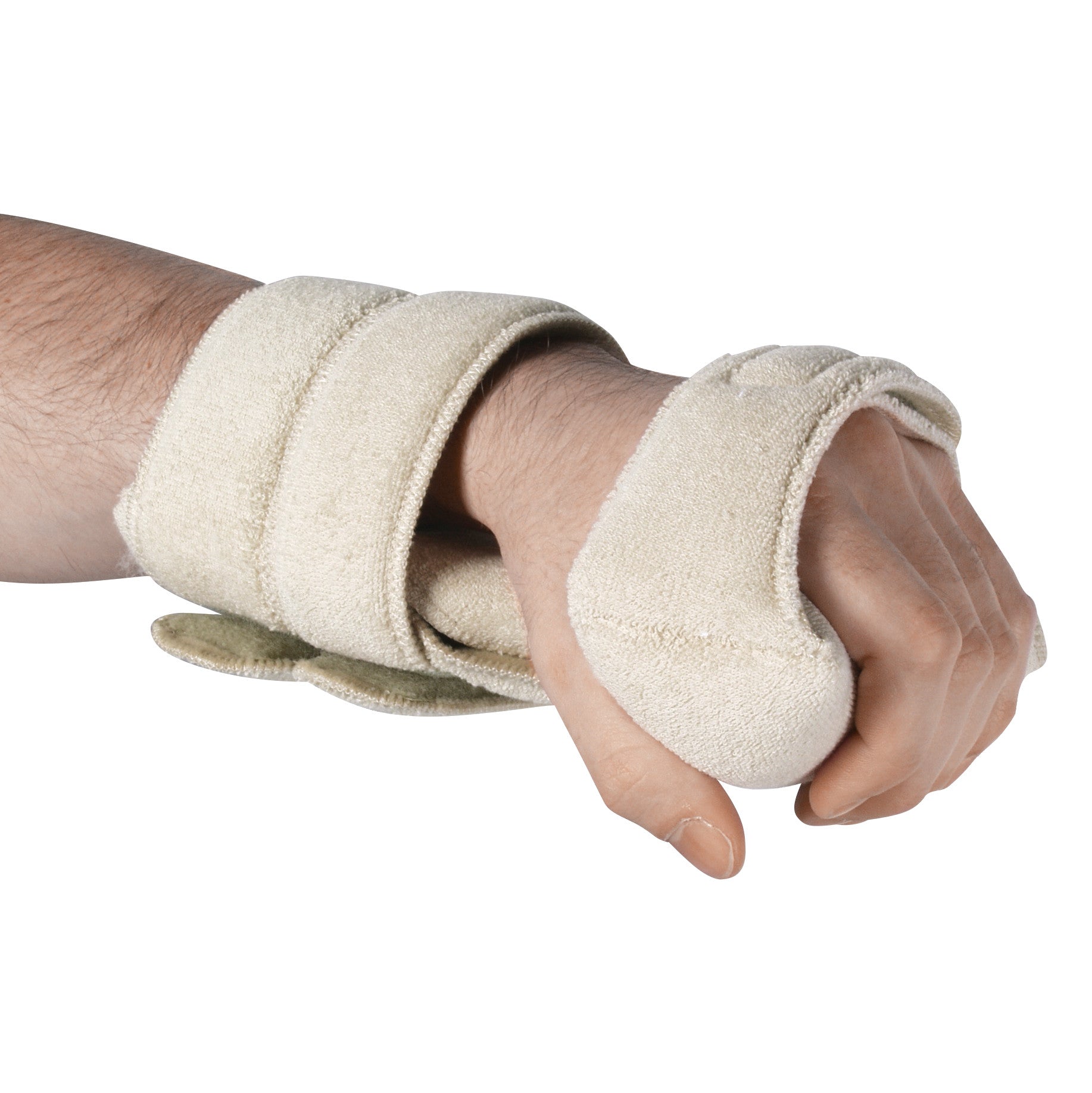 A person's hand is in a fist wearing an AliMed Ultimate Grip Splint with beige straps for support and protection.