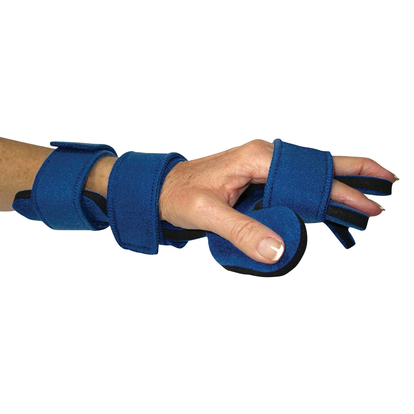 A person wears the Comfy Splints Adult Hand/Wrist Separate Finger Orthosis, a blue device supporting the wrist and fingers.