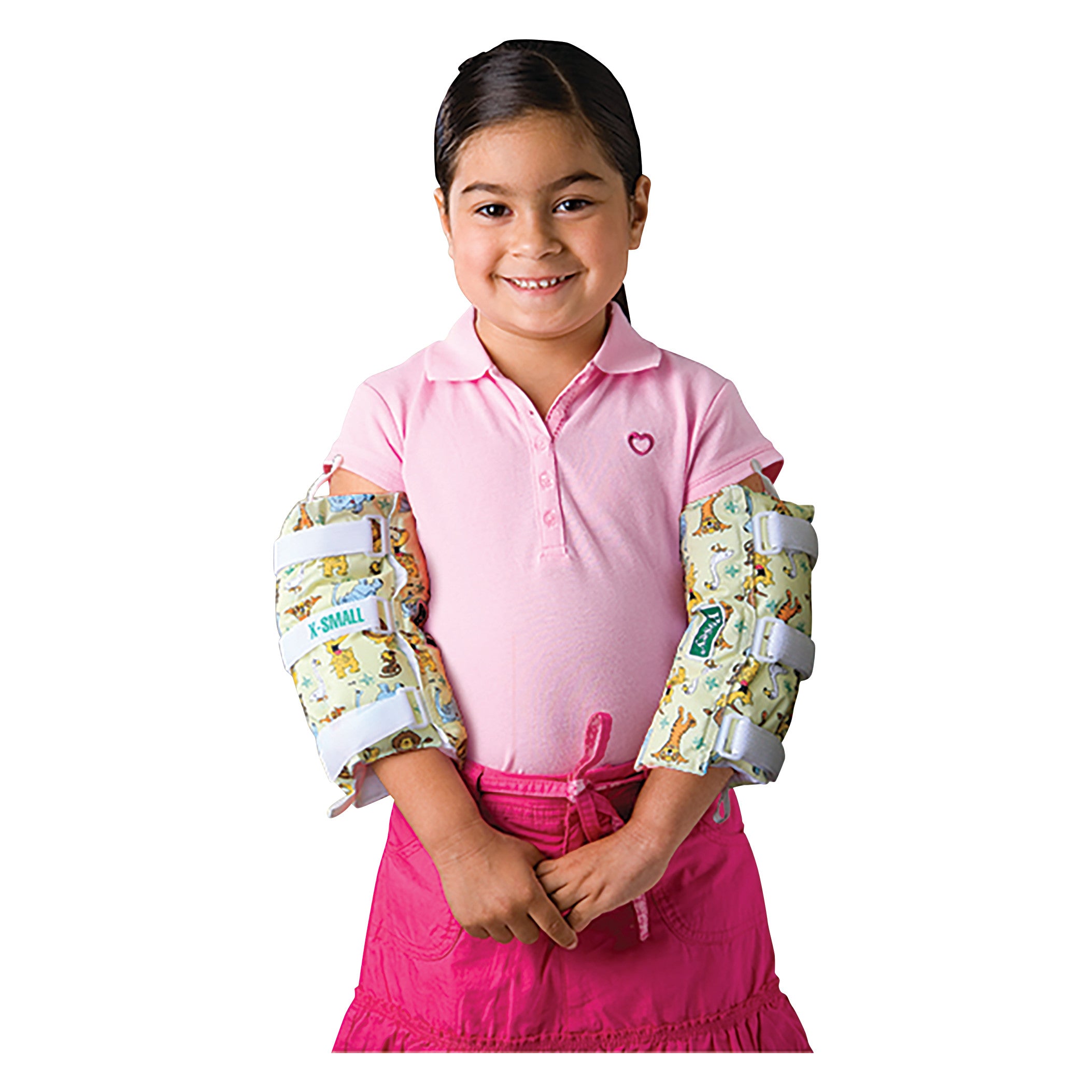 A child wearing Posey Infant/Pediatric Arm Splints with colorful patterns, a pink shirt, and a pink skirt, smiling at the camera.