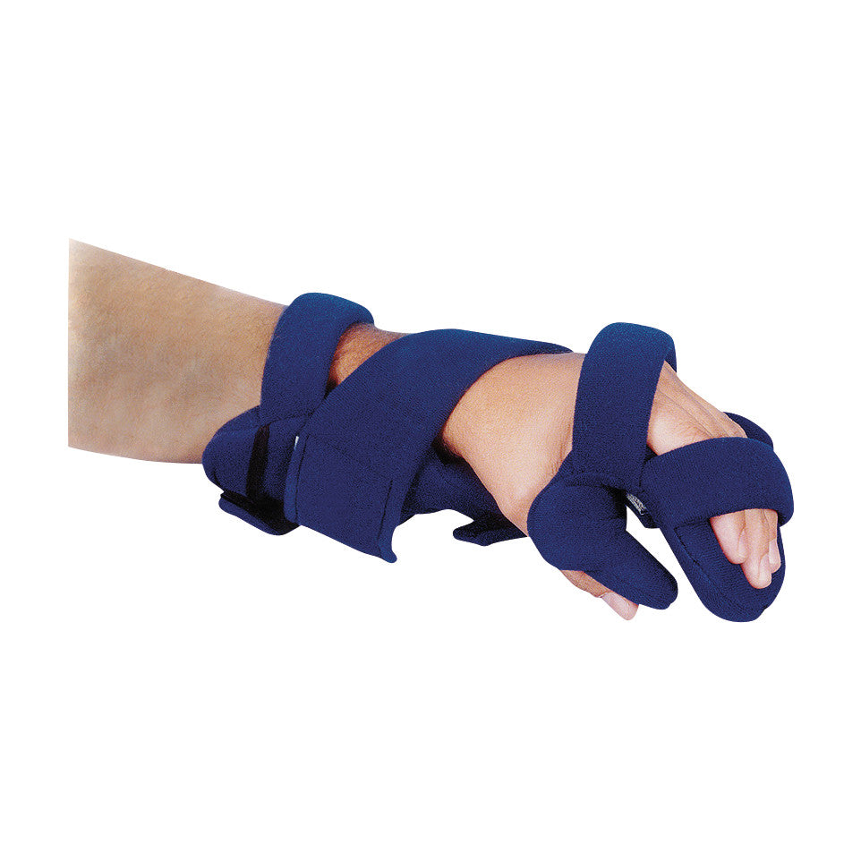 A hand is fitted with a Rolyan HANZ WHFO, a blue orthopedic splint with adjustable straps for finger and wrist support.