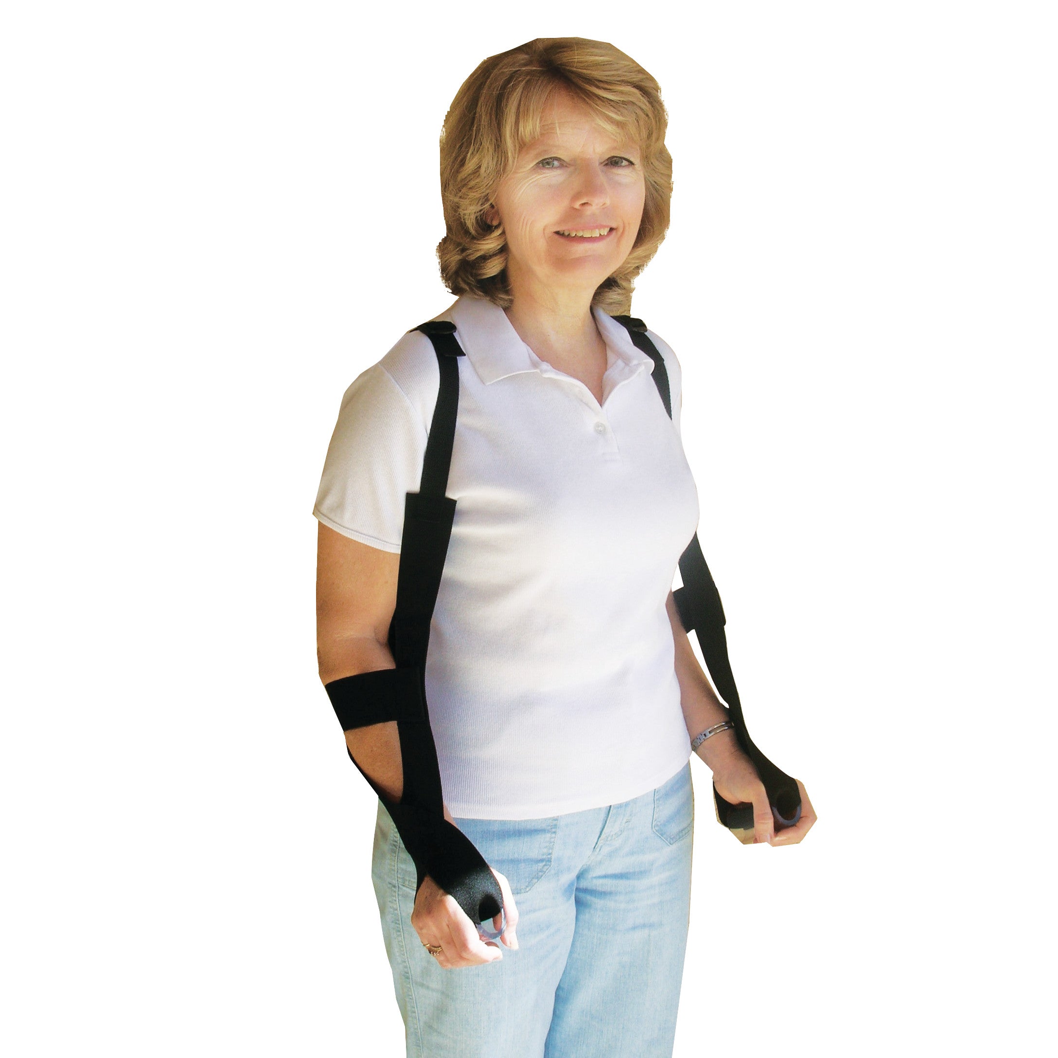 A person wearing a GivMohr Sling with black straps and cuffs, dressed in a white polo shirt and light blue jeans, smiling.