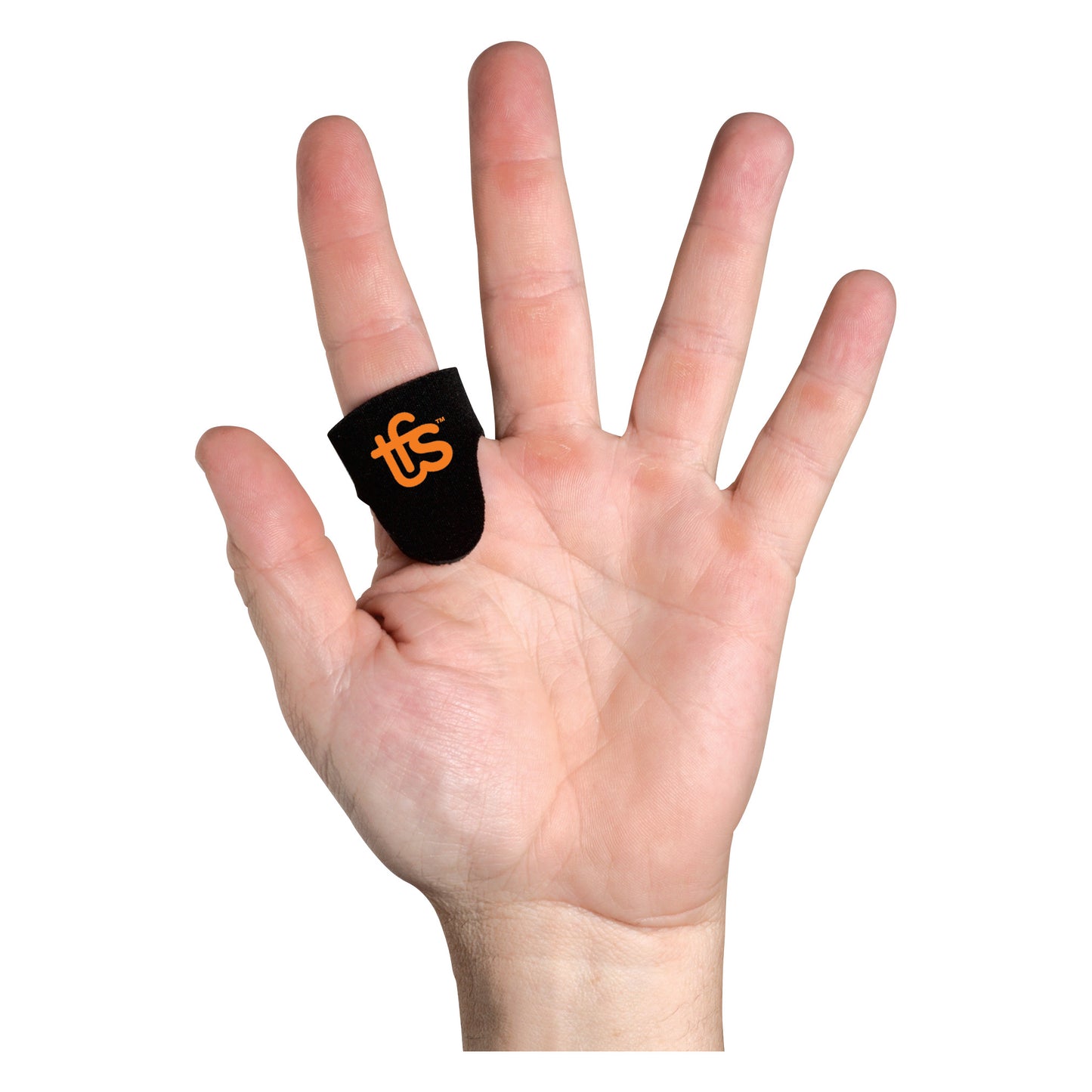 A hand with a black Trigger Finger Solution (TFS) brace on the small finger, featuring an orange logo on a white background.