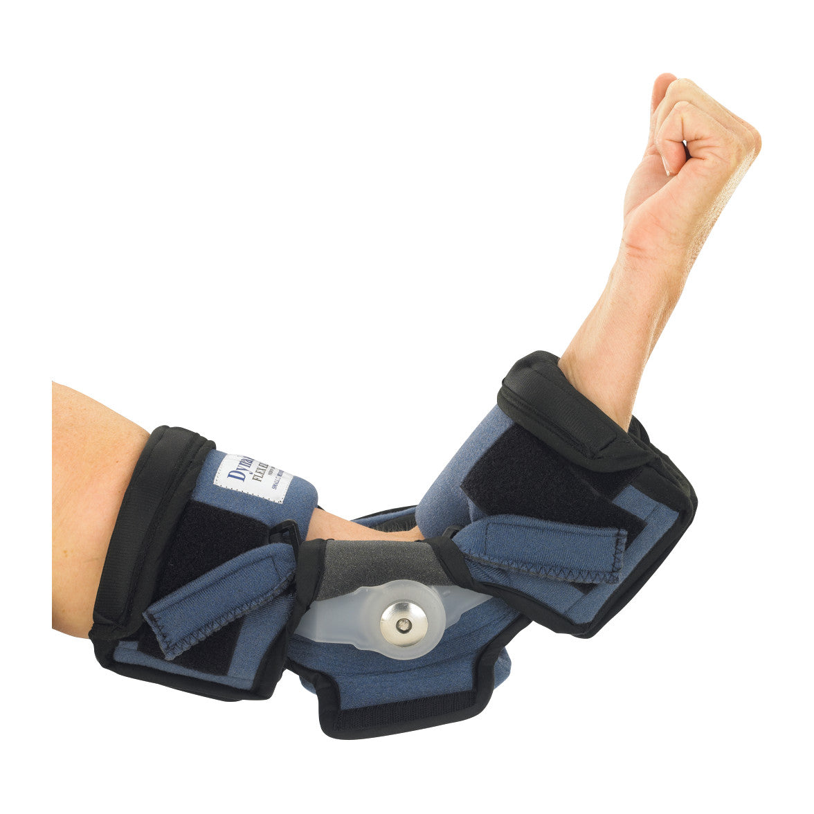 An arm wearing an OCSI DynaPro Flex Elbow Orthosis, featuring blue and black padded straps and a hinge mechanism at the elbow.