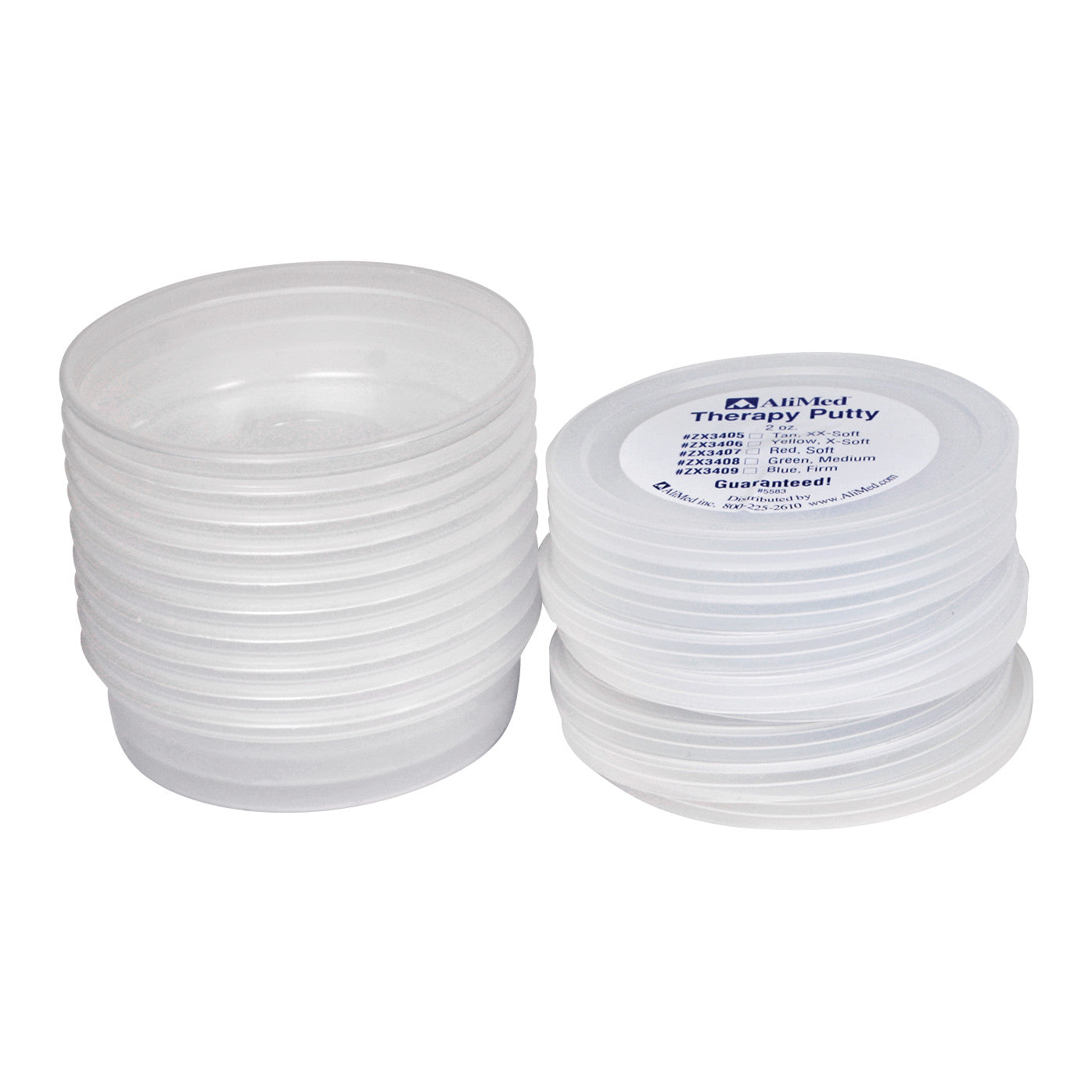 Stacks of transparent plastic containers for AliMed Therapy Putty, with one lid showing product information about the putty's softness levels.