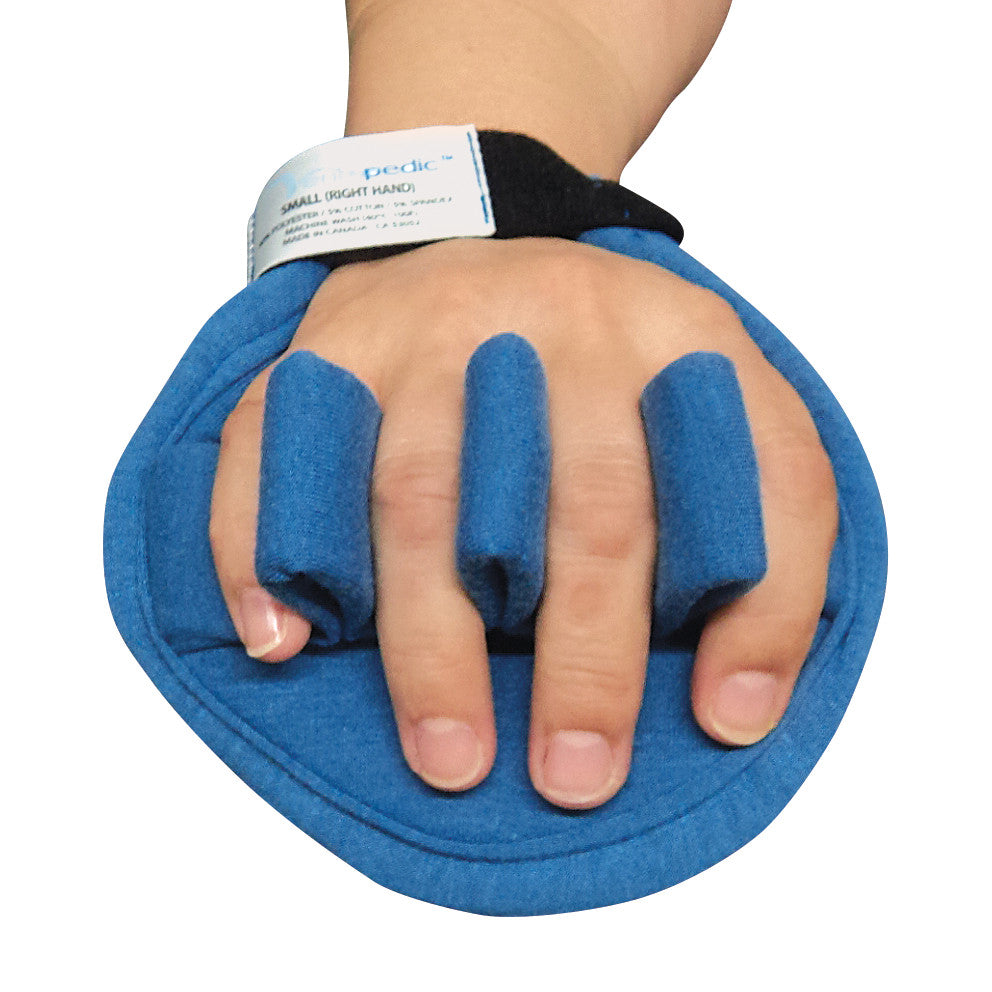 A person's hand is wearing a Ventopedic Premium Palm Protector with Finger Separator and Cylinder Roll, shown with fabric loops around fingers.