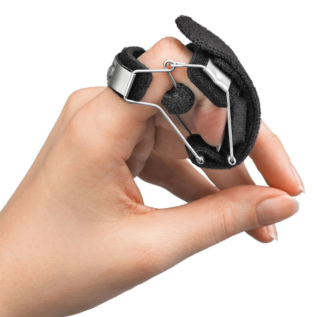 The 3pp Step Down Finger Splint is on a person's finger, featuring a metal frame and black straps for support and stabilization.