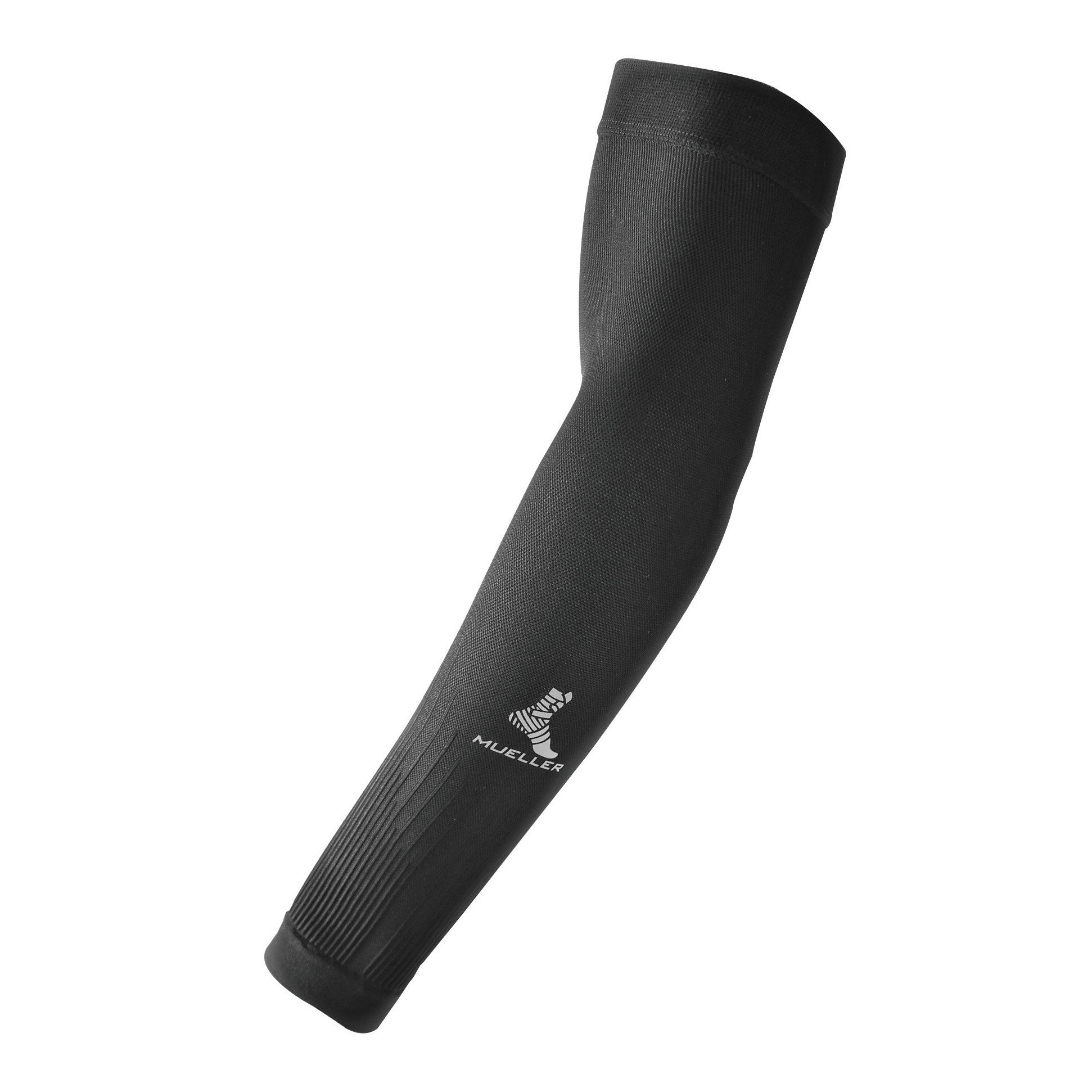 Black arm sleeve with logo, showing the Mueller Graduated Compression Performance Arm Sleeve, designed for support and comfort.