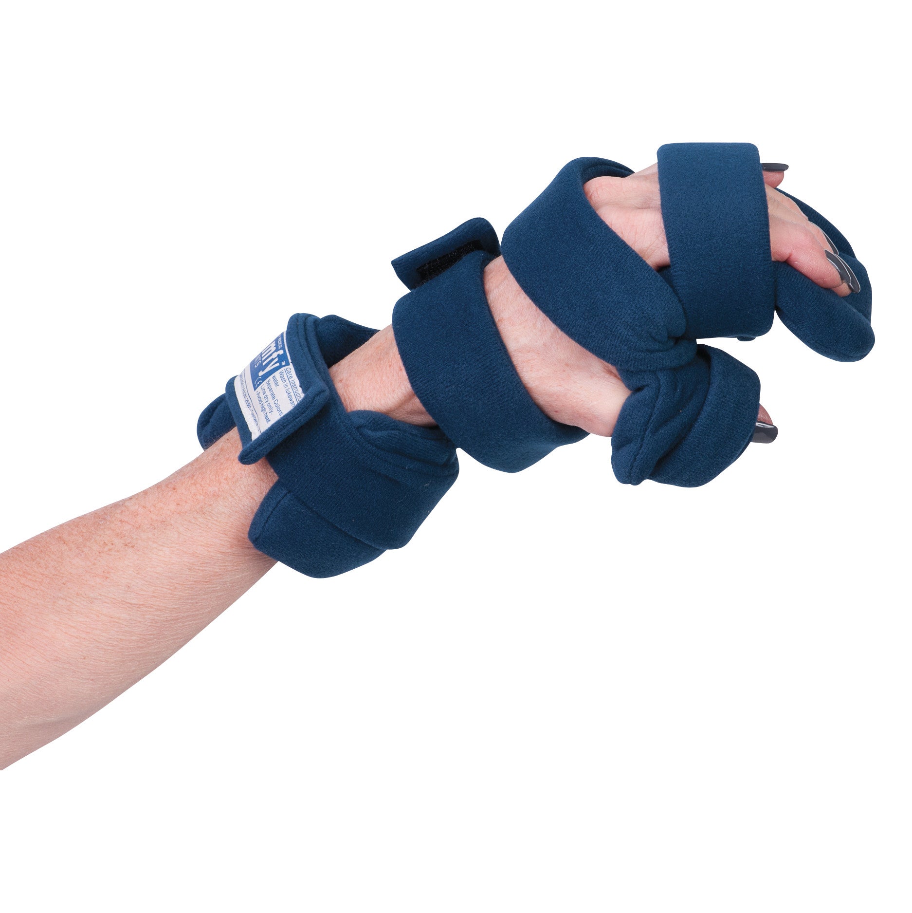 An arm wearing the Comfy Splints Adult Progressive Resting Hand Orthosis, featuring dark blue padding and adjustable closures.