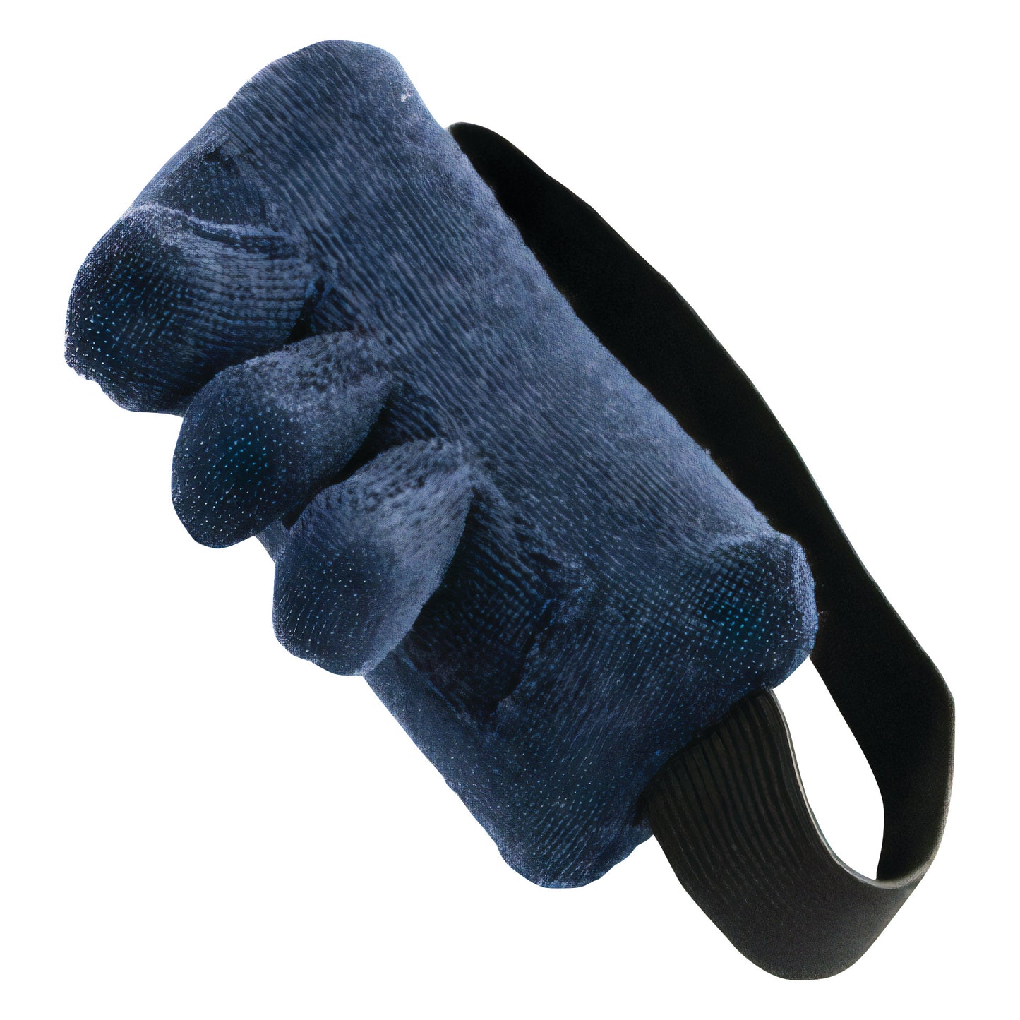 Comfy Splints Adult Hand Finger Contracture Cushion in dark blue with a soft, plush design and an adjustable black strap.