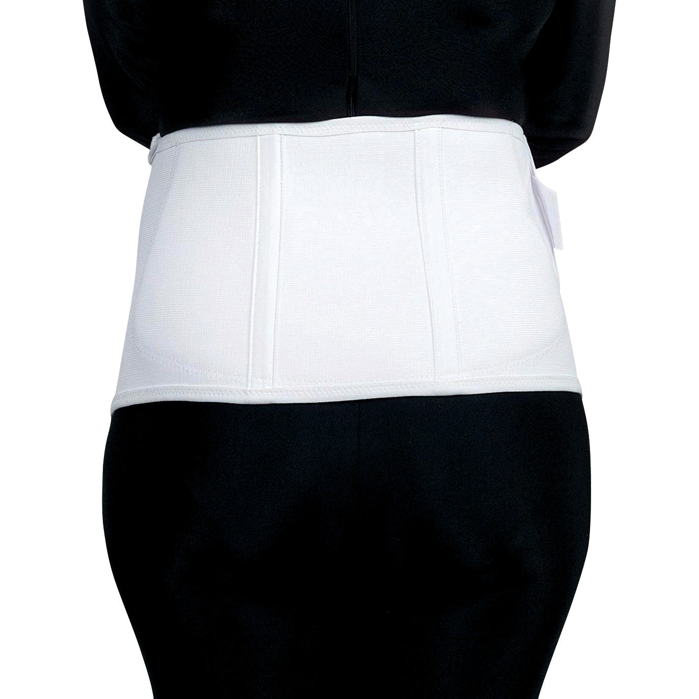 A person wearing the Embrace Ultimate Support Maternity Belt in white, over a black outfit, viewed from the back.