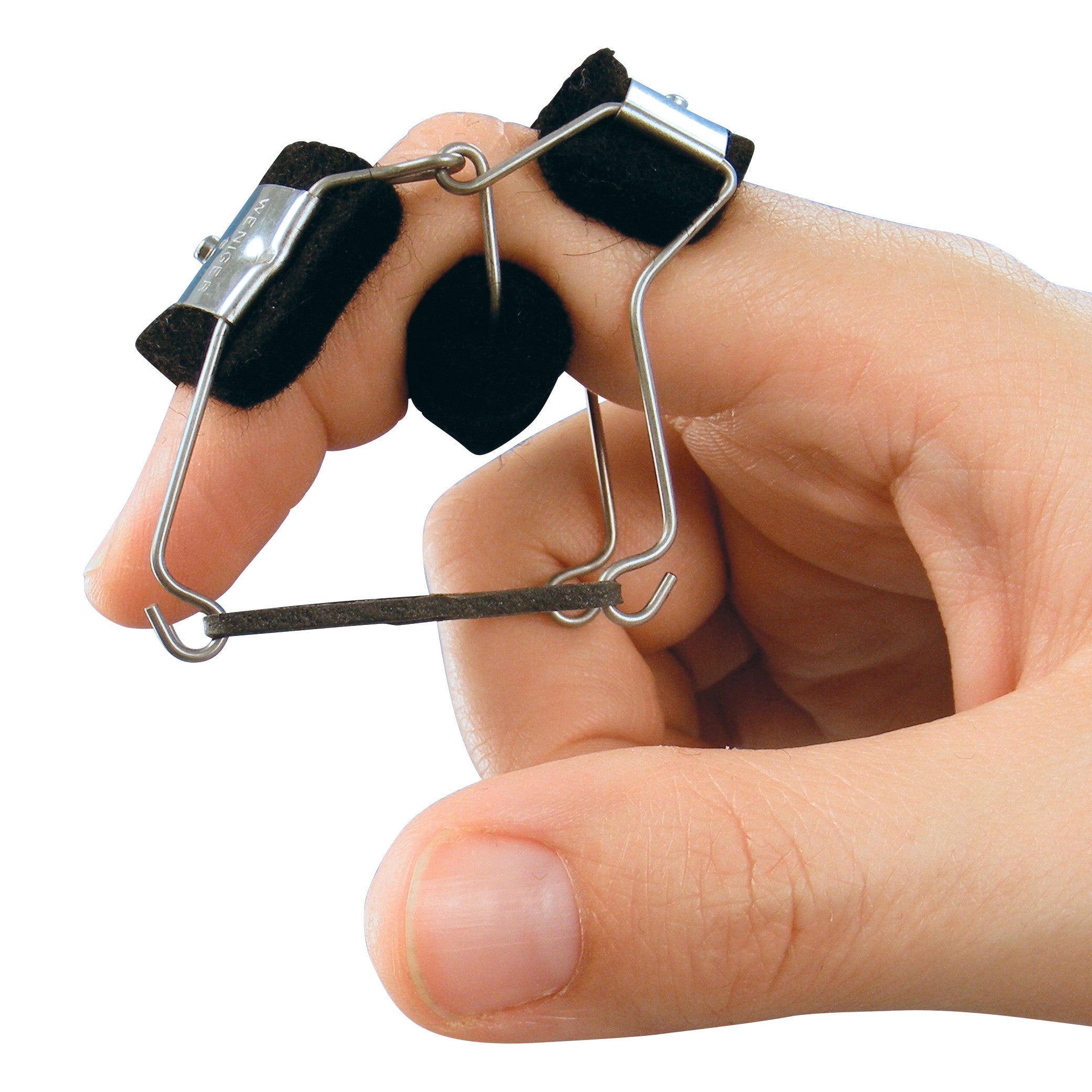 A hand holding a Bunnell Finger Knuckle-Bender, a metal splint device designed to aid finger joint movement, secured with black felt pads.