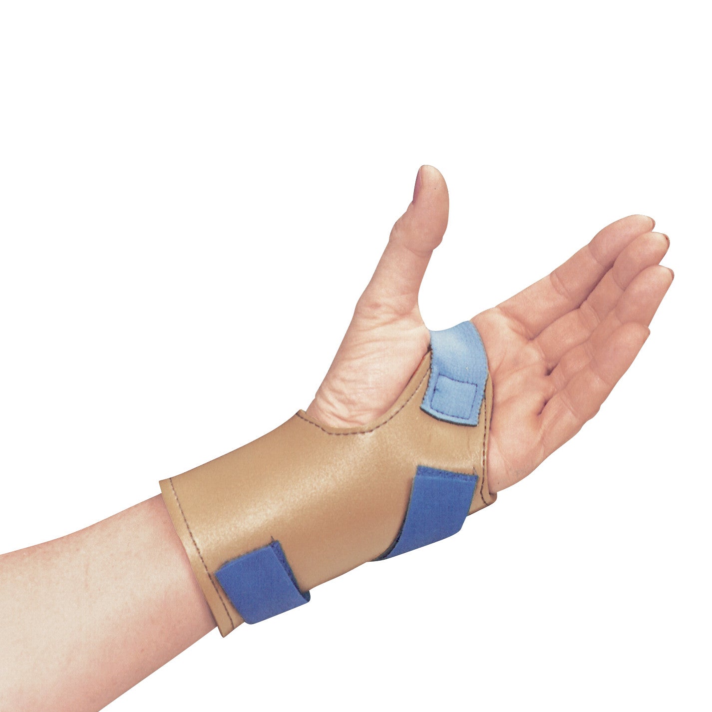 A person's hand wearing an AliMed FREEDOM Wrist-Trainer Gauntlet in tan with blue closures, supporting the wrist and thumb.
