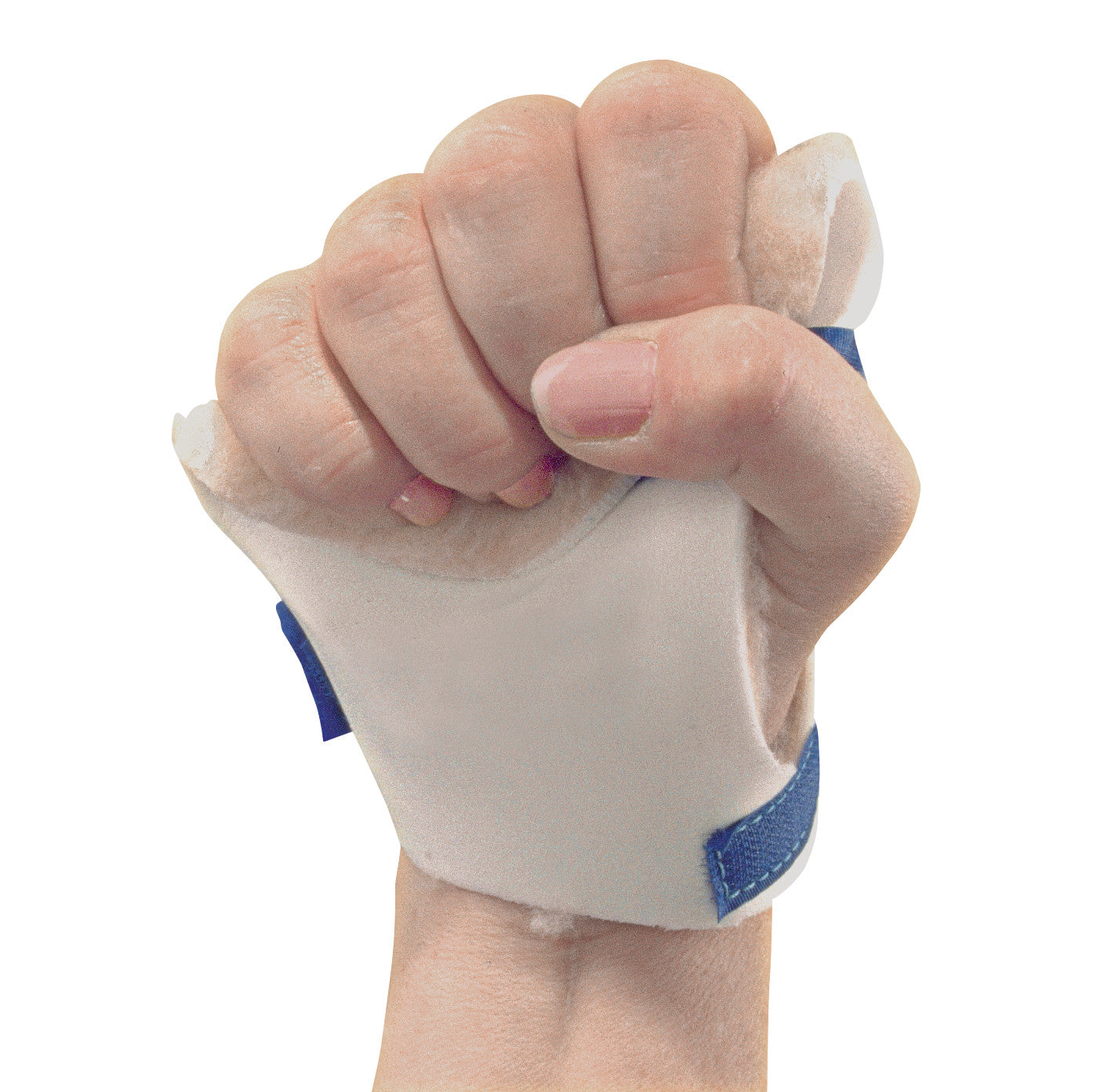 A hand wearing the AliMed Palm Guard Splint with fingers clenched into a fist, featuring a white and blue design for support.