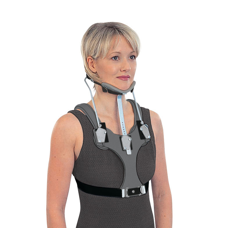 A woman wears a Trulife S.O.M.I. Brace (Sternal Occipital Mandibular Immobilizer) for neck and upper spine support.