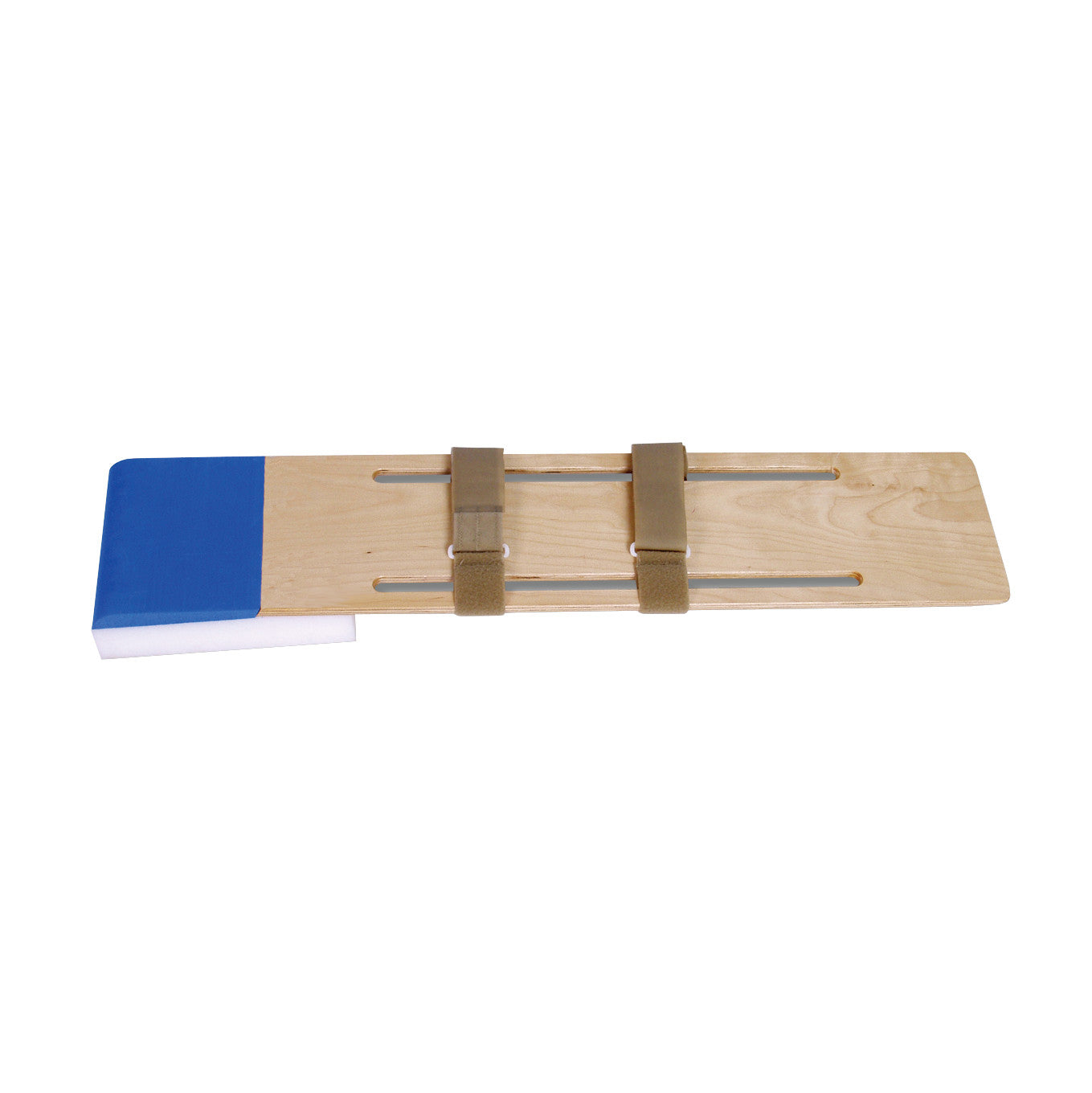 AliMed KneeCrank II Knee Extension Orthosis, a wooden board with foam padding and adjustable metal rails and beige straps.