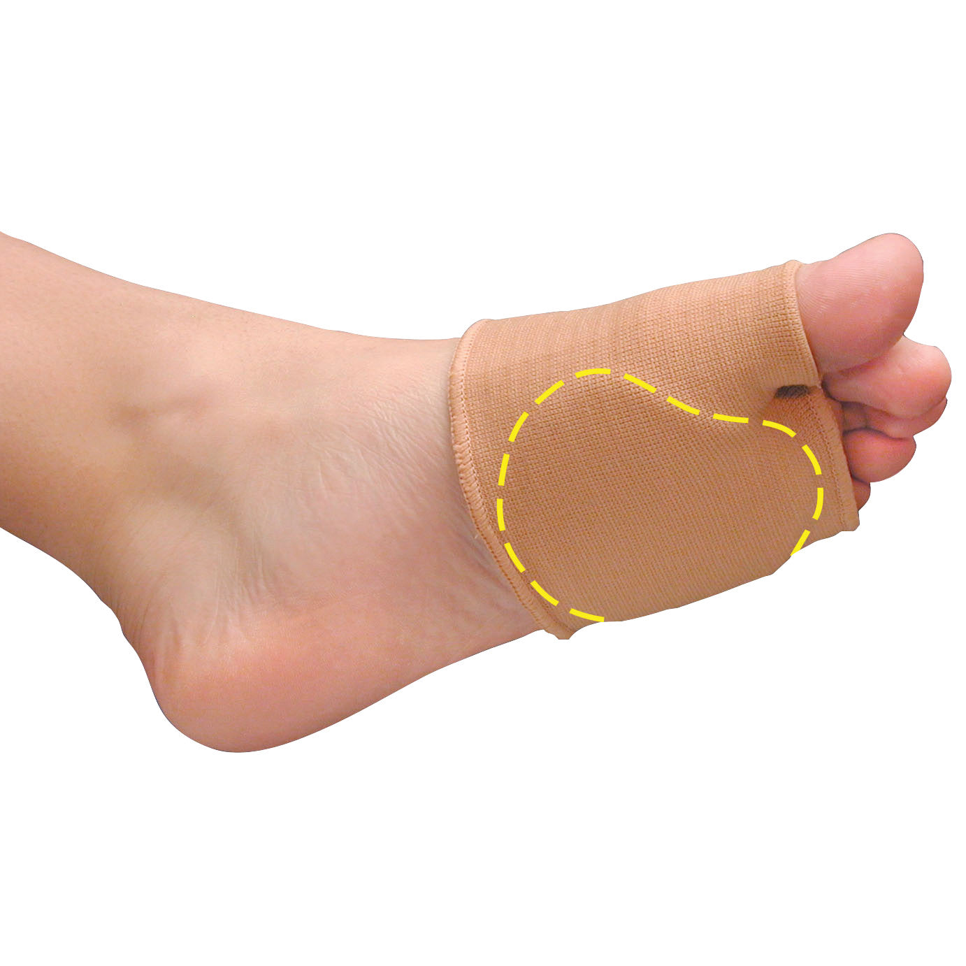 A foot wearing a PediFix Visco-GEL Universal Metatarsal Strap with a yellow dashed line highlighting the pad area.