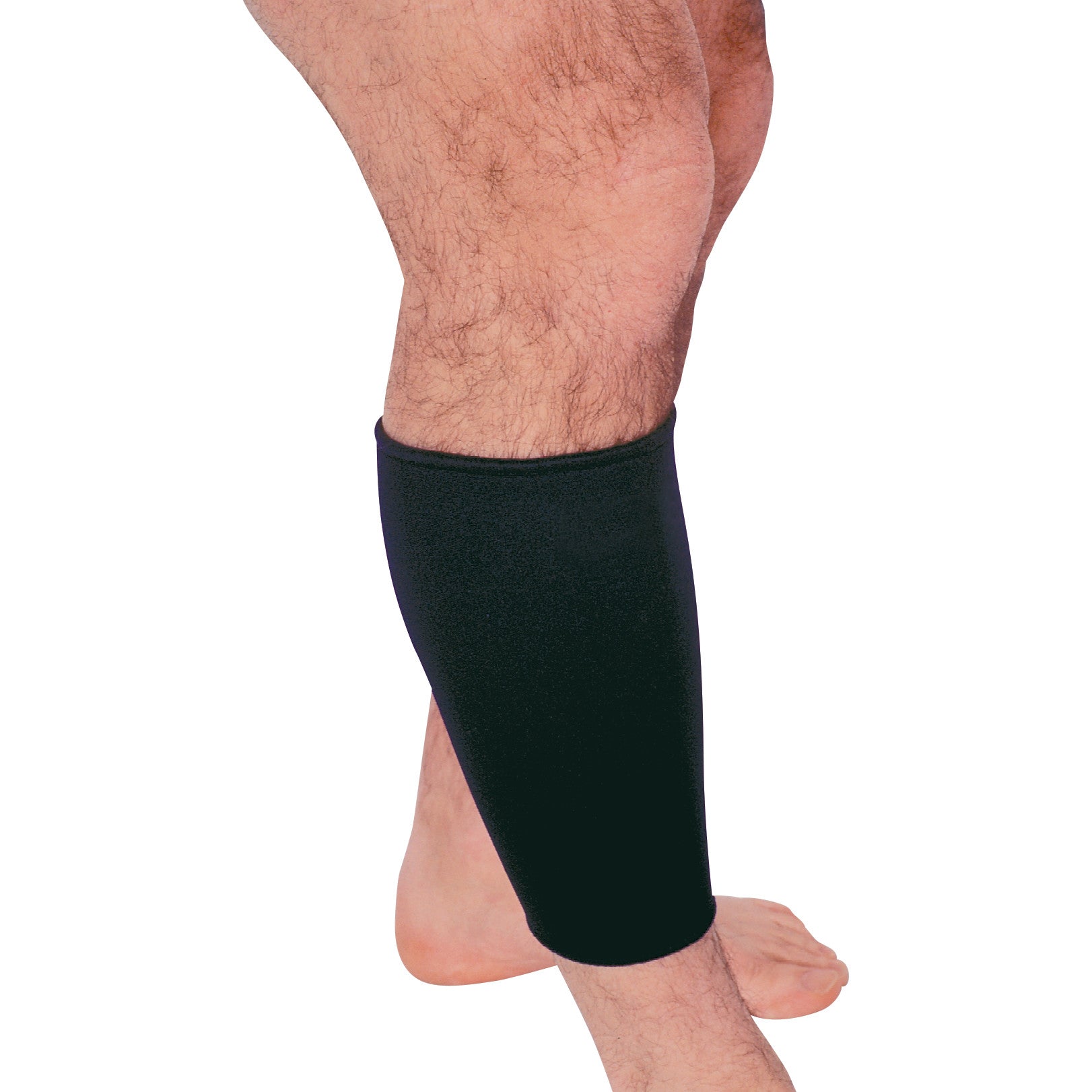 A person's leg wearing the AliMed Neoprene Shin Support, a black sleeve covering the shin and calf with a snug fit.