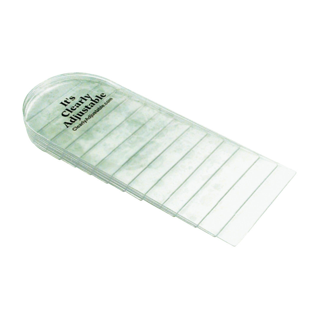 Transparent Clearly Adjustable Heel Lift with layered design and branding text on top, used for improving foot alignment and comfort.