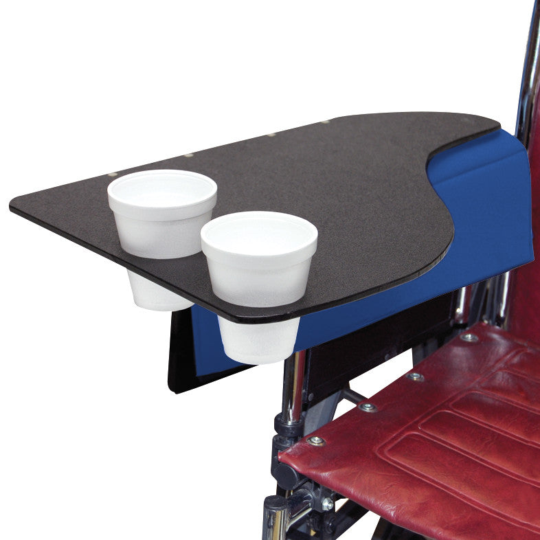 A SkiL-Care Flip-Top Tray with Cup Holder attached to a wheelchair, featuring two cups securely placed in its holders.