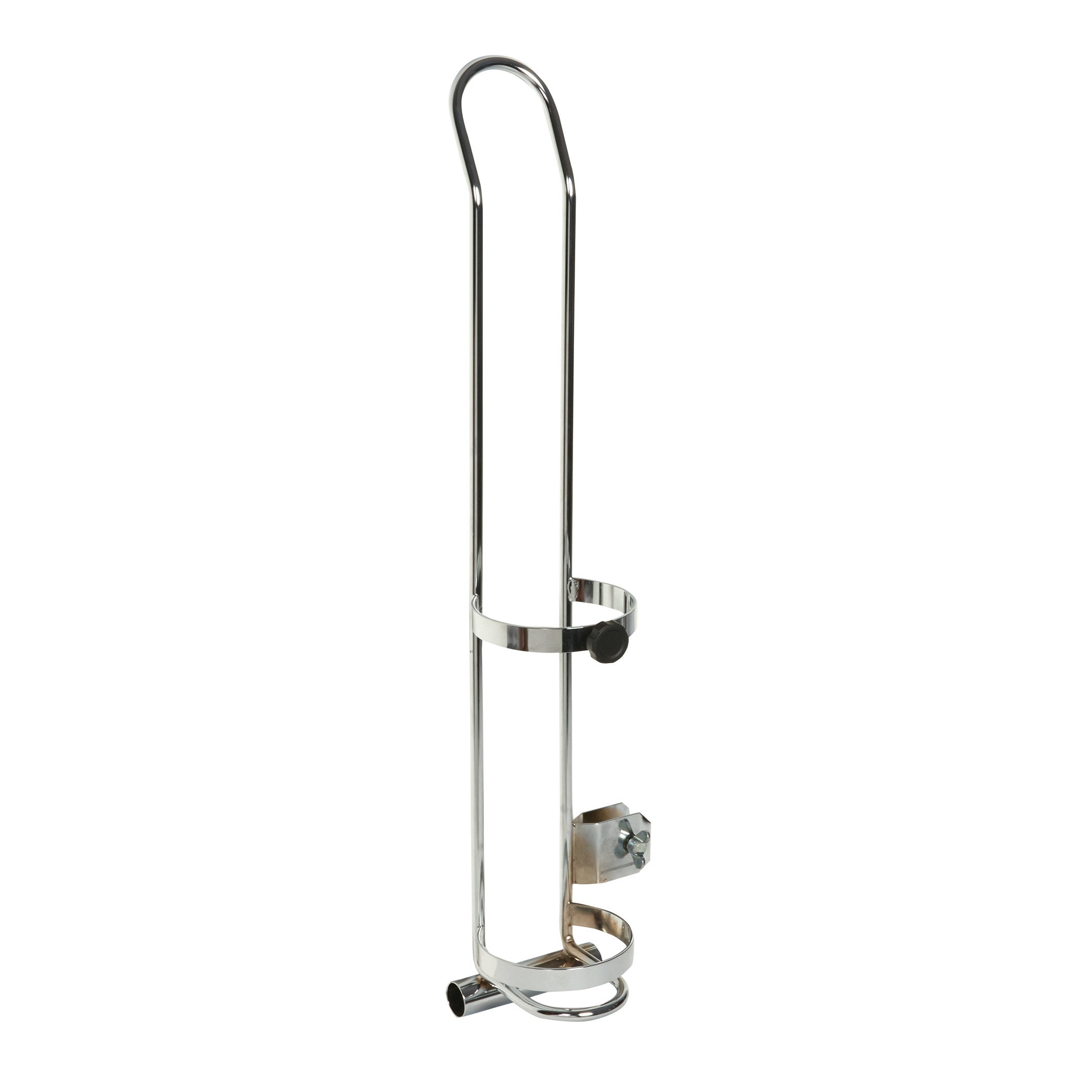 The Oxygen Tank Holder for Wheelchair is a metal frame designed to securely attach an oxygen tank to a wheelchair.