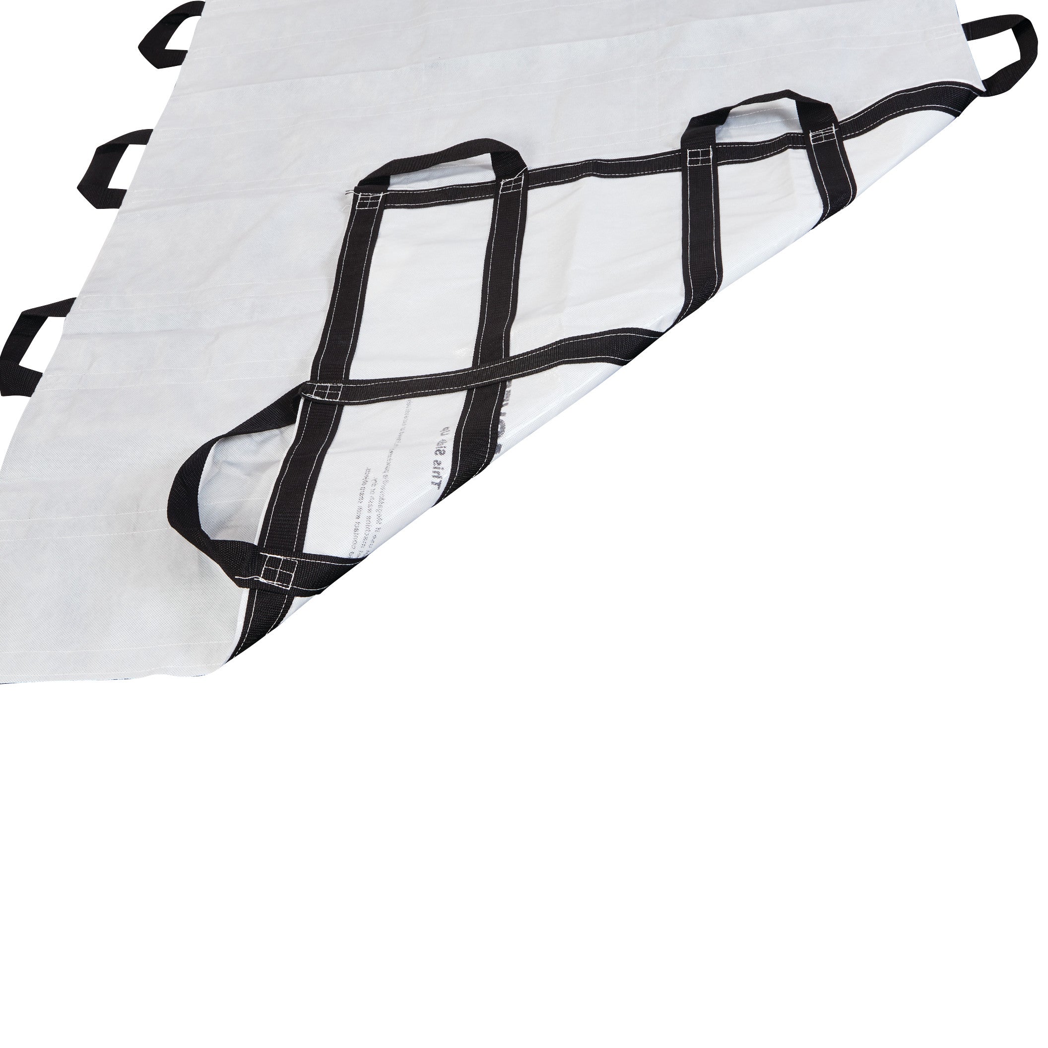 A Graham Medical MegaMover 1500 Transport Unit, a white fabric stretcher with black handles, is shown partially folded.