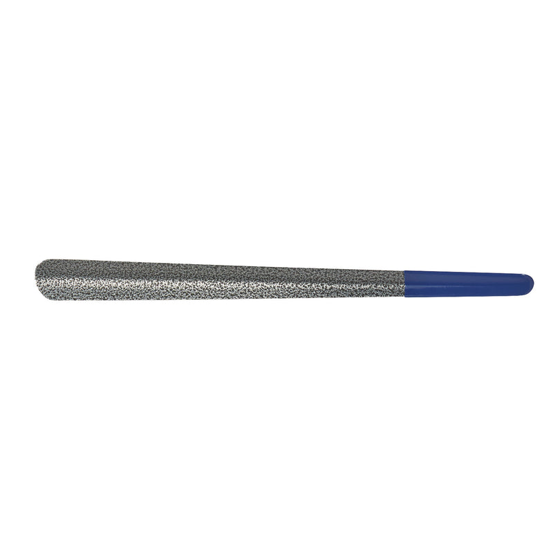 The Easy-Slide Shoehorn is a long silver shoehorn with a speckled texture and a blue handle, designed for easing shoes on.