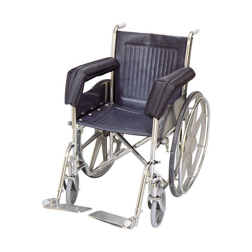 A wheelchair with SkiL-Care Wheelchair Armrest Cushions, metal frame, large rear wheels, and footrests.